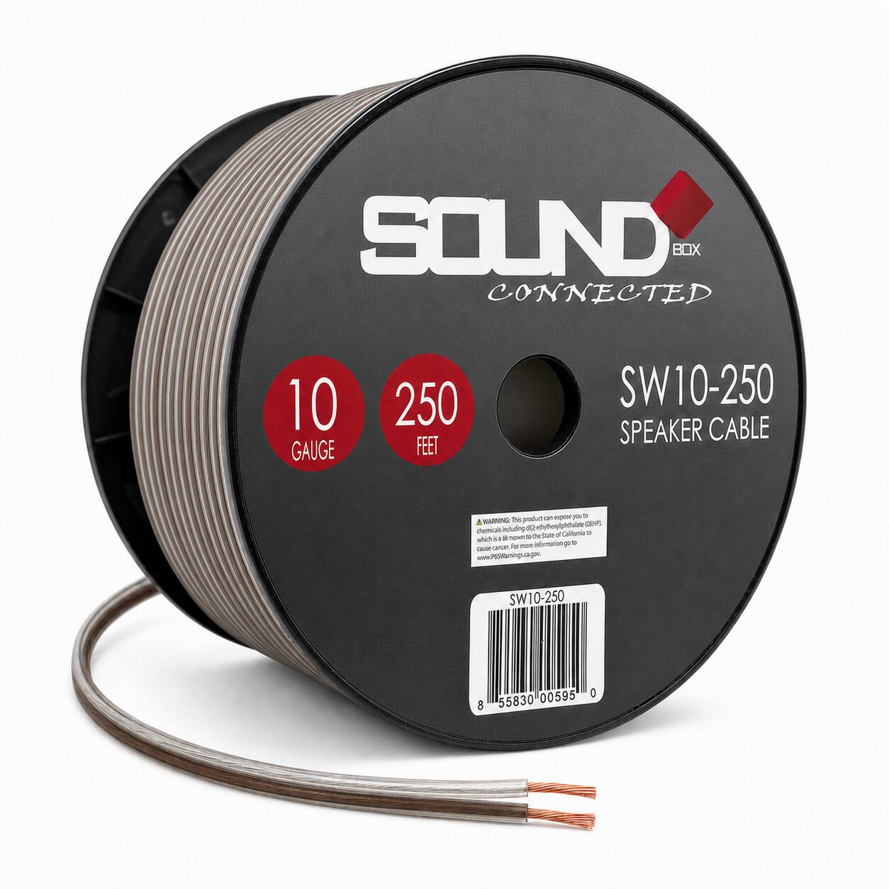 SOUND BOX CONNECTED  
10 GAUGE  
250 FEET  
SW10-250 SPEAKER CABLE  

WARNING: This product can expose you to chemicals including (8)2 ellybesy(photos d Callomia 0 st & thowt/ D N Store which It aux gras. for more information go to www.9659kmings.ca.gov.  

SW10-250  
00595 0 8 55830