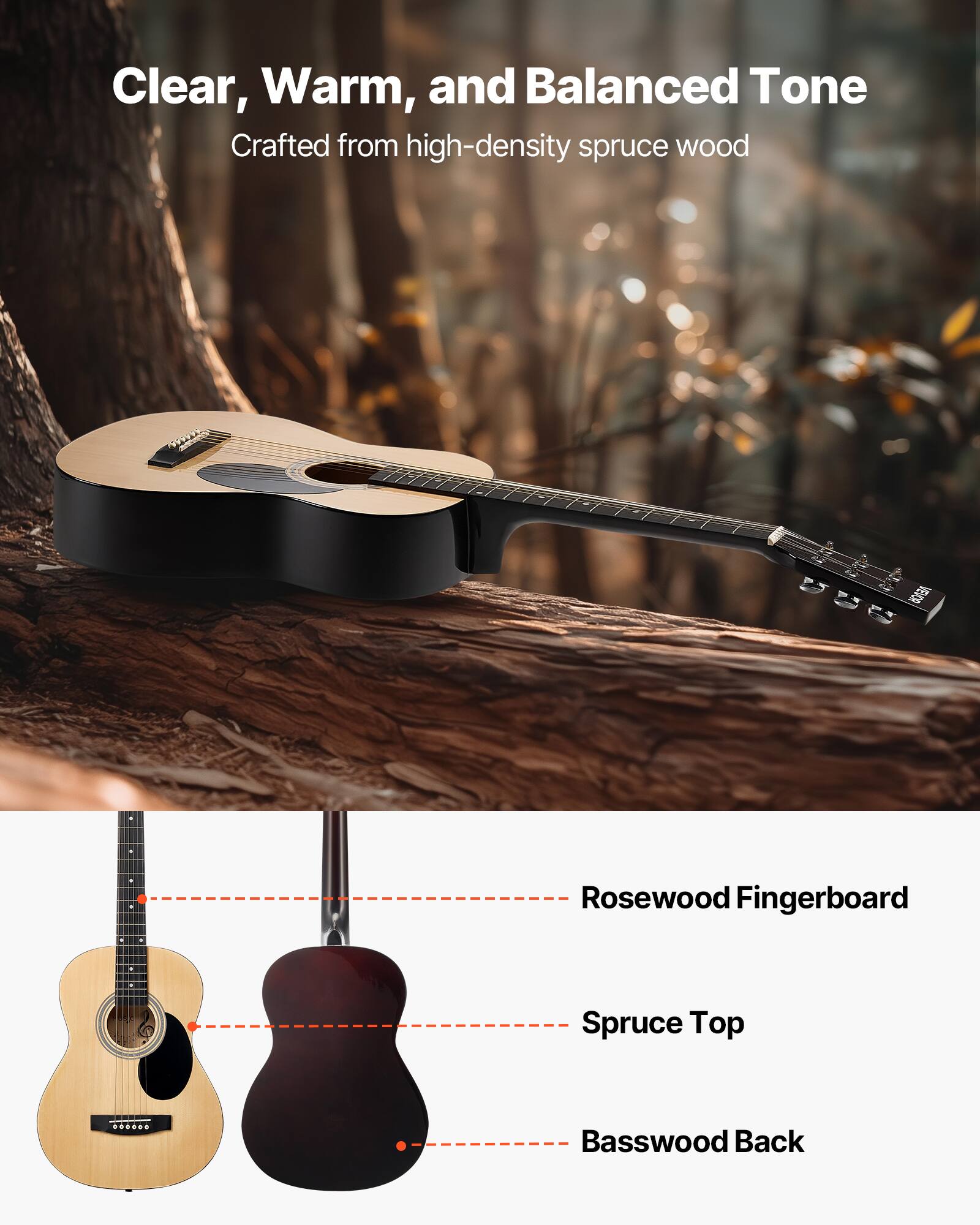 Clear, Warm, and Balanced Tone  
Crafted from high-density spruce wood  

- Rosewood Fingerboard  
- Spruce Top  
- Basswood Back