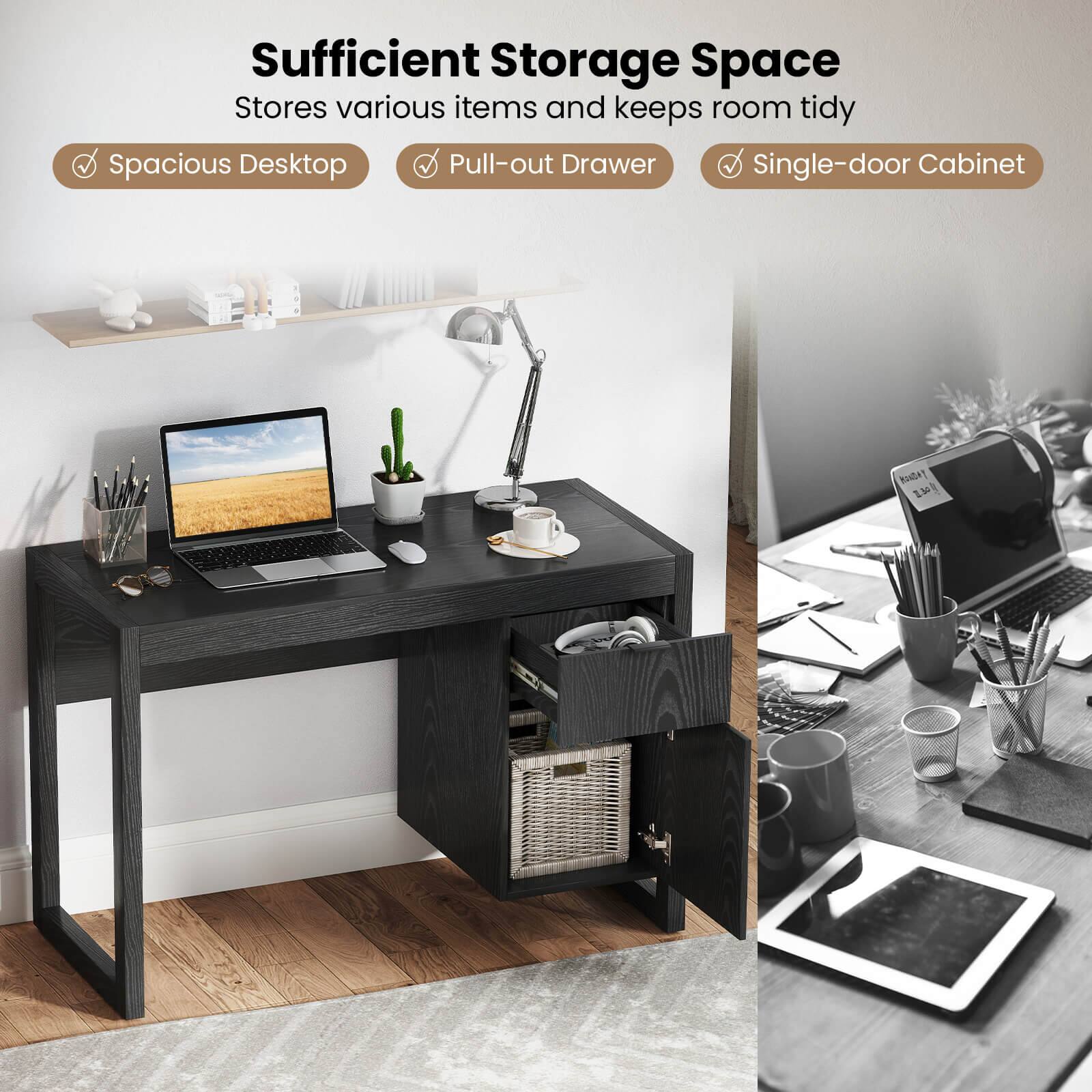 Sufficient Storage Space, Stores various items and keeps room tidy, Spacious Desktop, Pull-out Drawer, Single-door Cabinet, BIASAT 25