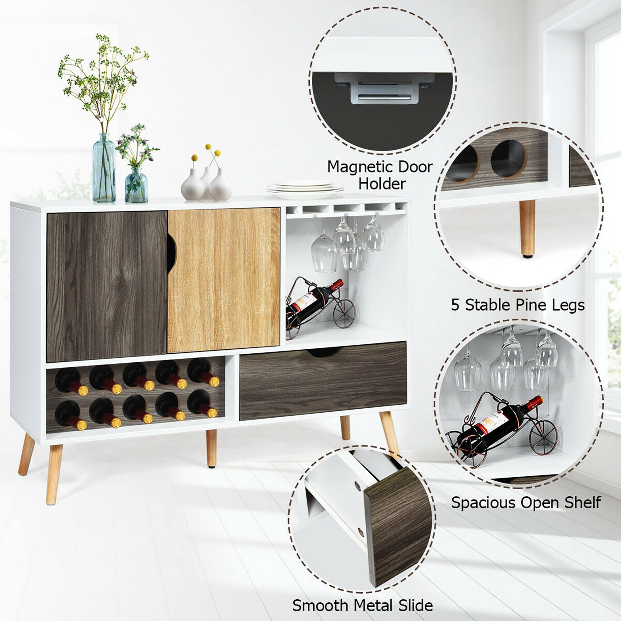 Magnetic Door Holder, 5 Stable Pine Legs, Spacious Open Shelf, Smooth Metal Slide