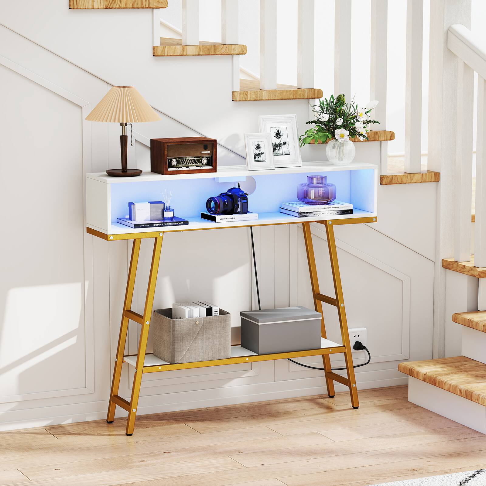 Alt View 1. Gymax - Gymax 40'' Console Table w/ Power Strip 3-Tier Entryway Table w/ RGB LED Lights White - White.