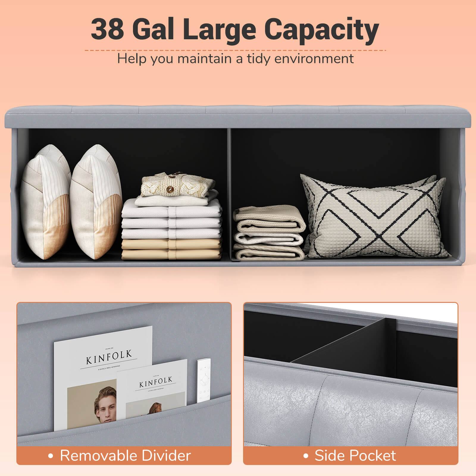 38 Gal Large Capacity  
Help you maintain a tidy environment  

- Removable Divider  
- Side Pocket