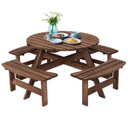 Mondawe - 8-Seat Round Wood Picnic Table Set w/ Umbrella Hole, Outdoor Patio Dining Bench Set for Garden - Brown