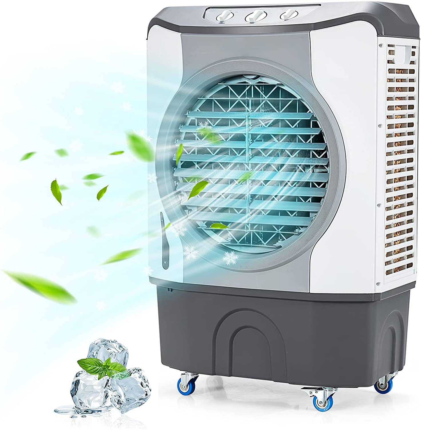 Ecooso - 4-in-1 Industrial Portable Evaporative Air Cooler Fan with 12 Gallon Tank and Wheels - White