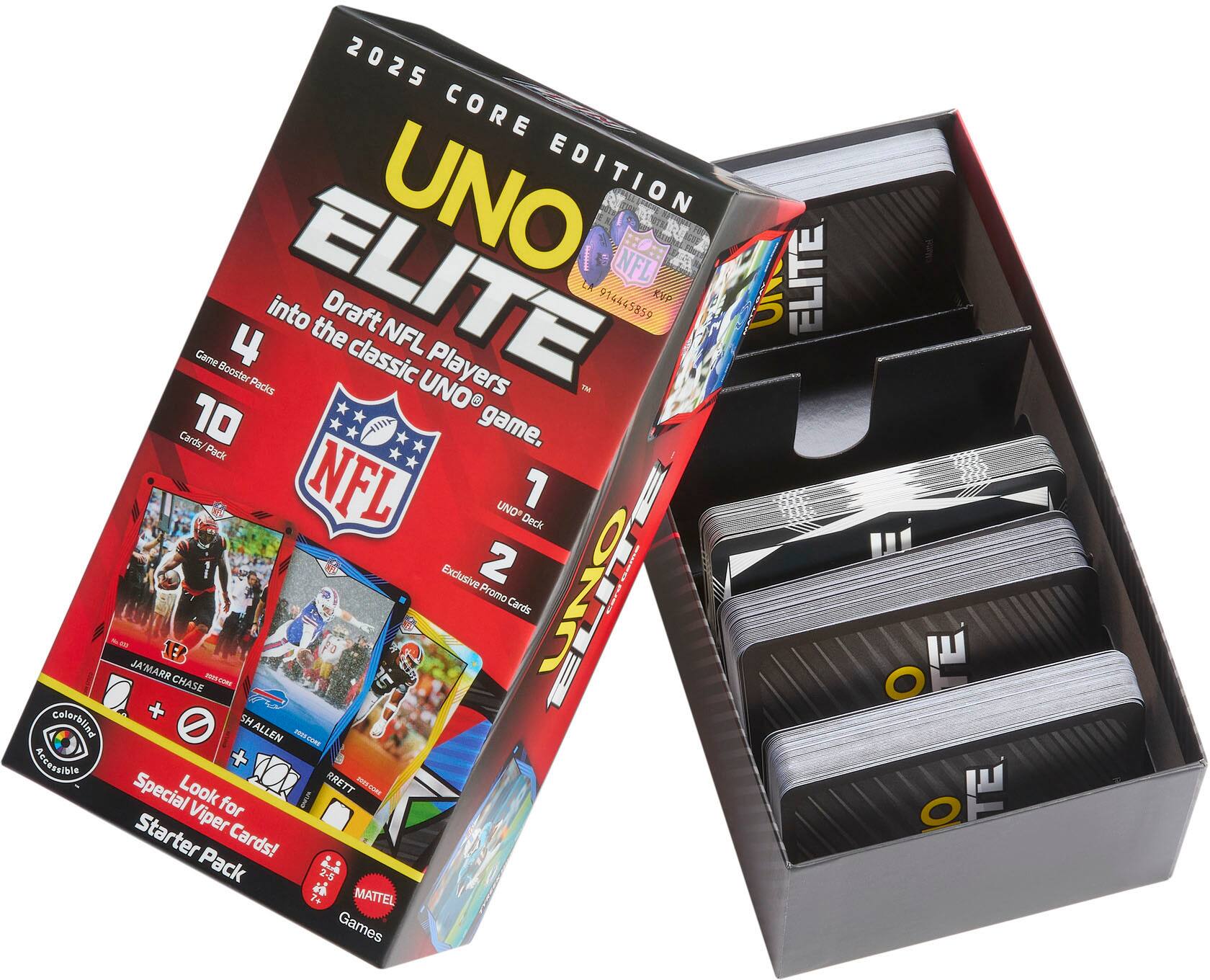 2025 CORE EDITION UNO ELITE into the Draft NFL Players classic UNO game. 4 Game Booster Packs 10 Cards/Pack. 1 Exclusive 2 Deck. Look for Special Viper Cards! Starter Pack. MATTEL Games. O O TE.
