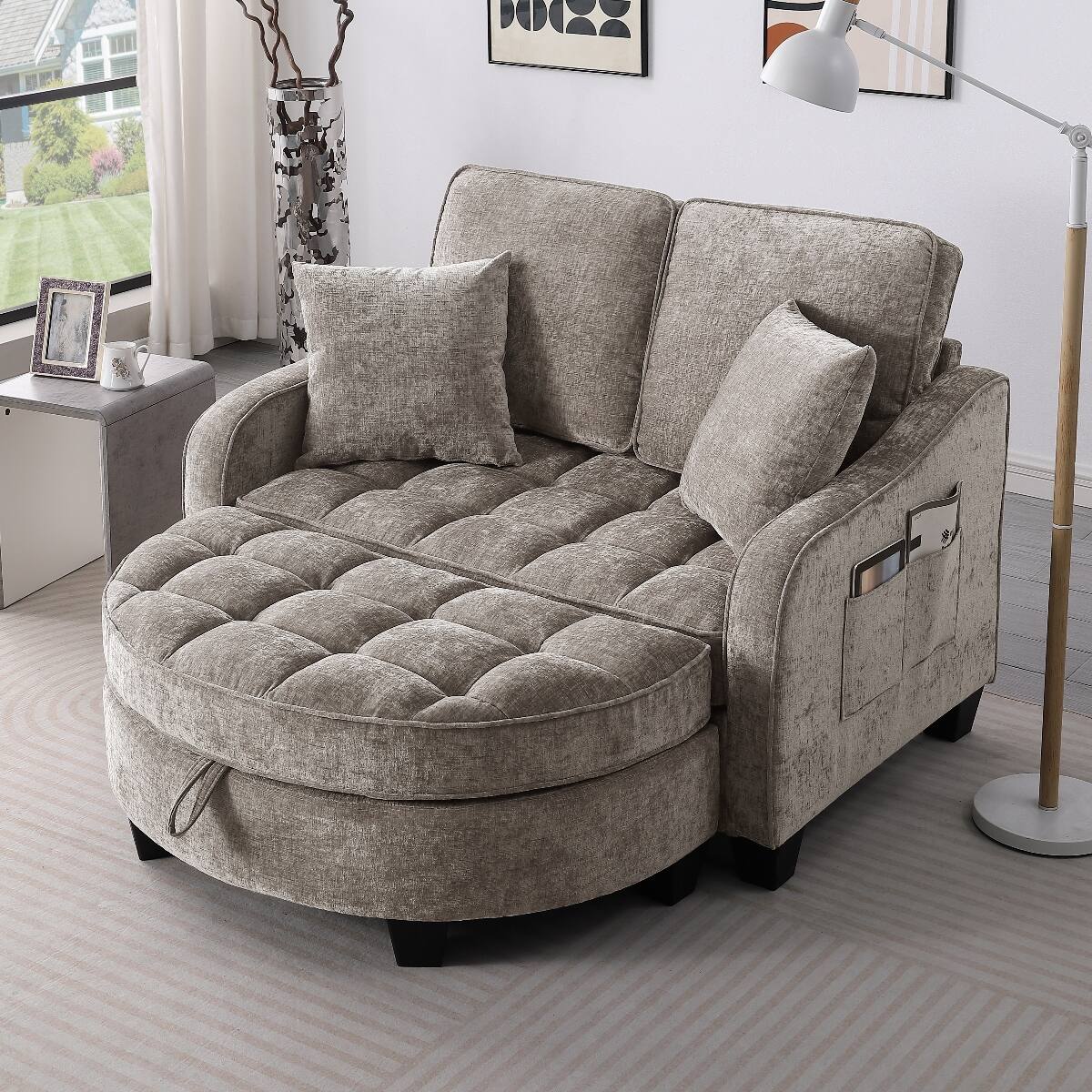 Front. Ropilly - Ropilly Brown Chenille Loveseat with Storage Ottoman, Curved Arm Two Seat Sofa for Living Room Bedroom - Brown.