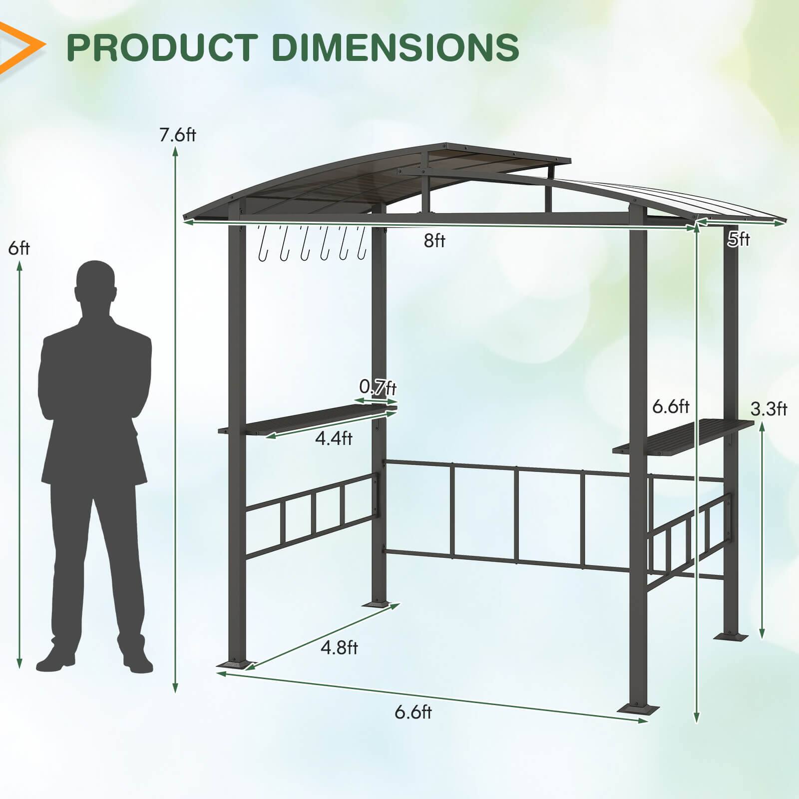 PRODUCT DIMENSIONS

- Height: 7.6ft
- Width: 8ft
- Depth: 6.6ft
- Height of railing: 4.4ft
- Width of lower platform: 4.8ft
- Height of lower platform: 0.7ft
- Height of upper platform: 6.6ft
- Depth of upper platform: 3.3ft
- Height of side railing: 5ft