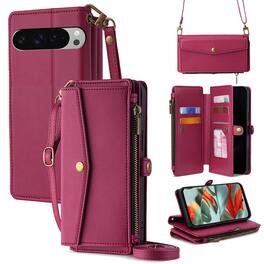 Dteck - Crossbody Wallet Case for Google Pixel 9 Pro XL with Zipper Purse, Shockproof Protective Cover with Kickstand - Red