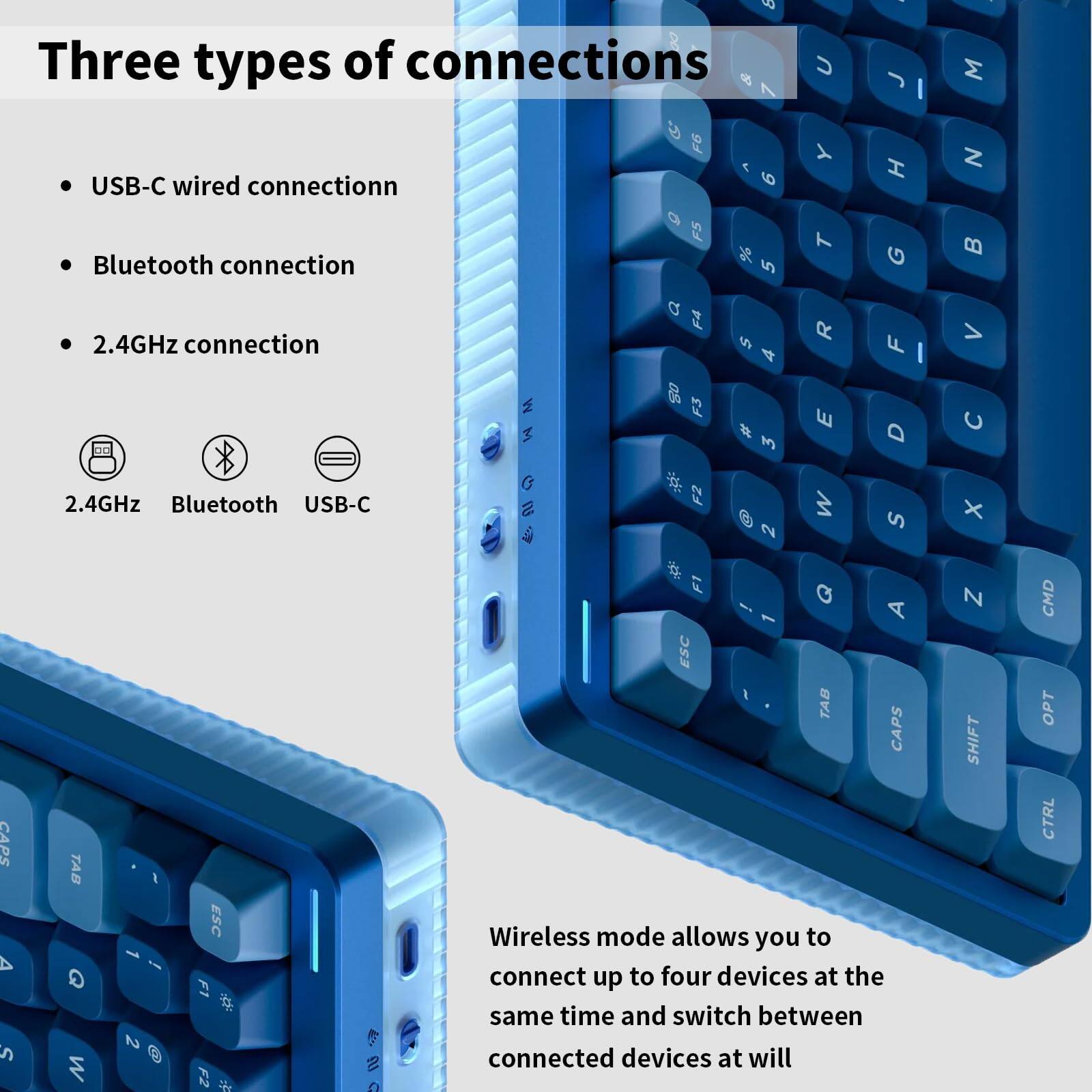 Three types of connections

- USB-C wired connection
- Bluetooth connection
- 2.4GHz connection

2.4GHz Bluetooth USB-C

Wireless mode allows you to connect up to four devices at the same time and switch between connected devices at will