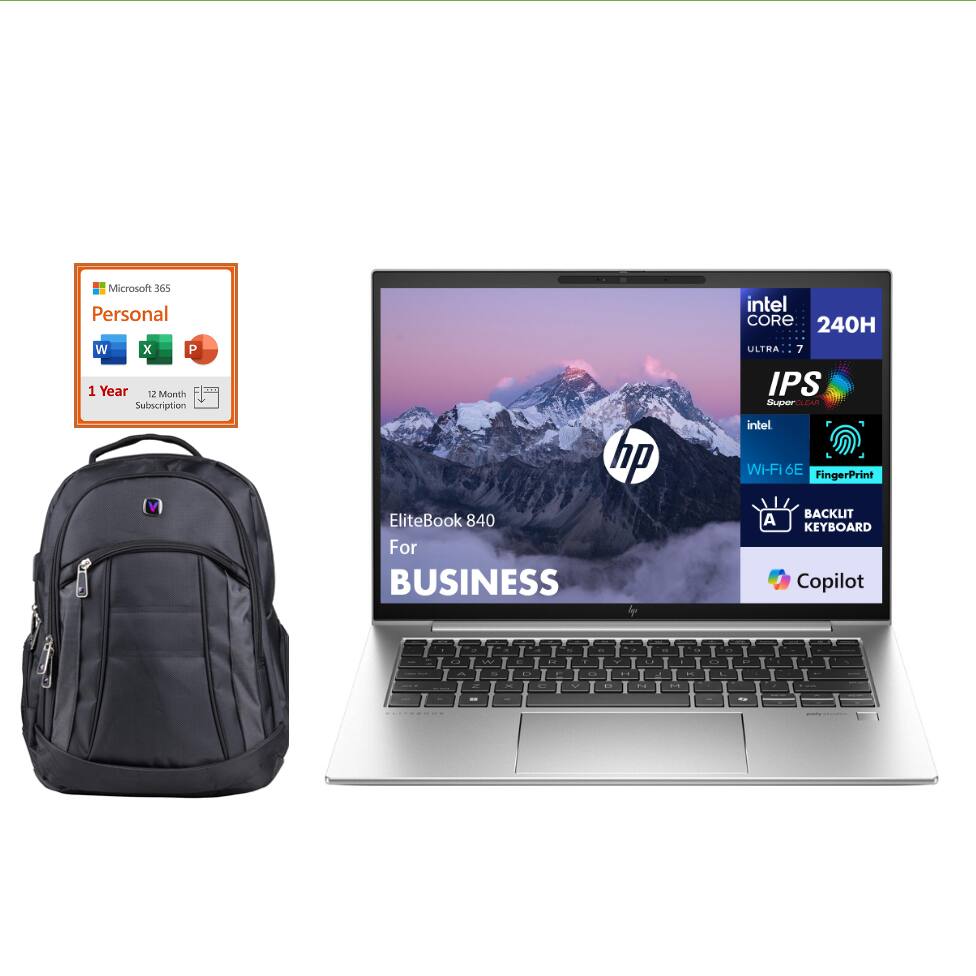 Microsoft 365 Personal  
1 Year 12 Month Subscription  

hp EliteBook 840 For BUSINESS  
Intel Core 240H Ultra 7  
IPS SuperClear 1080  
Intel Wi-Fi 6E  
Fingerprint  
Backlit Keyboard  
Copilot