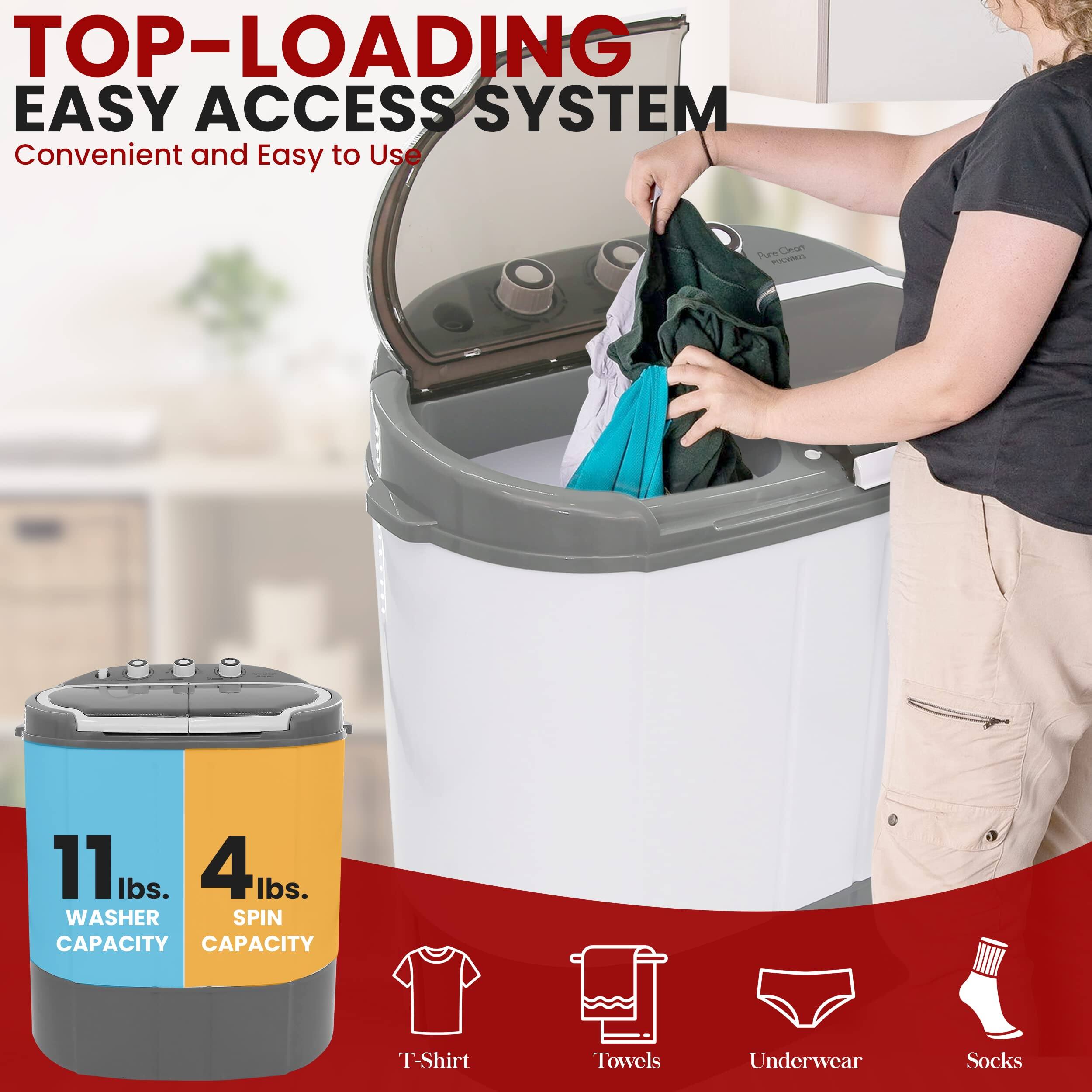 TOP-LOADING EASY ACCESS SYSTEM  
Convenient and Easy to Use  

11 lbs. WASHER CAPACITY  
4 lbs. SPIN CAPACITY  

T-Shirt  
Towels  
Underwear  
Socks