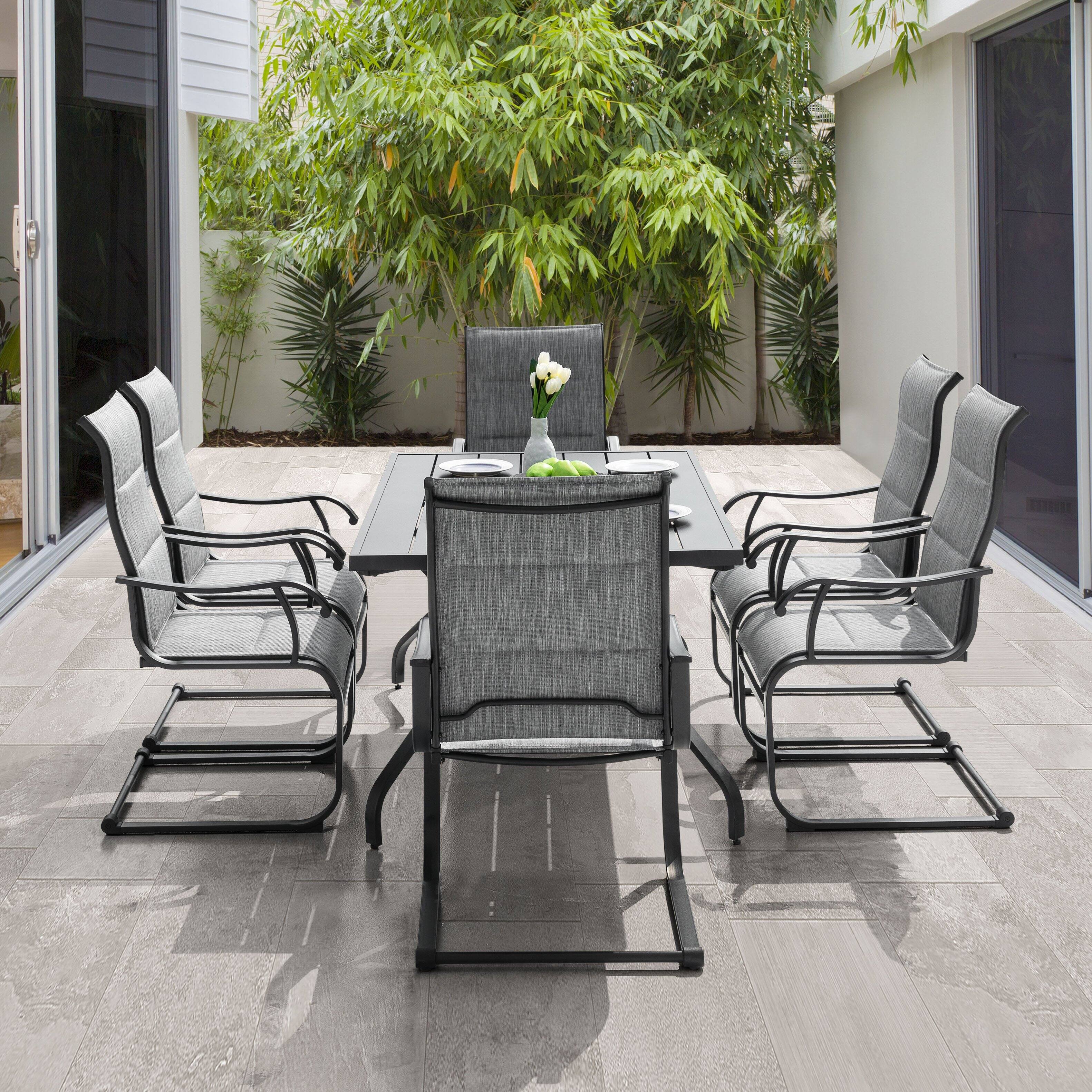 Left. Nuu Garden - Patio 7-Piece Dining Set, Premium Textilene Chairs, Rectangle Iron Table - Gray.