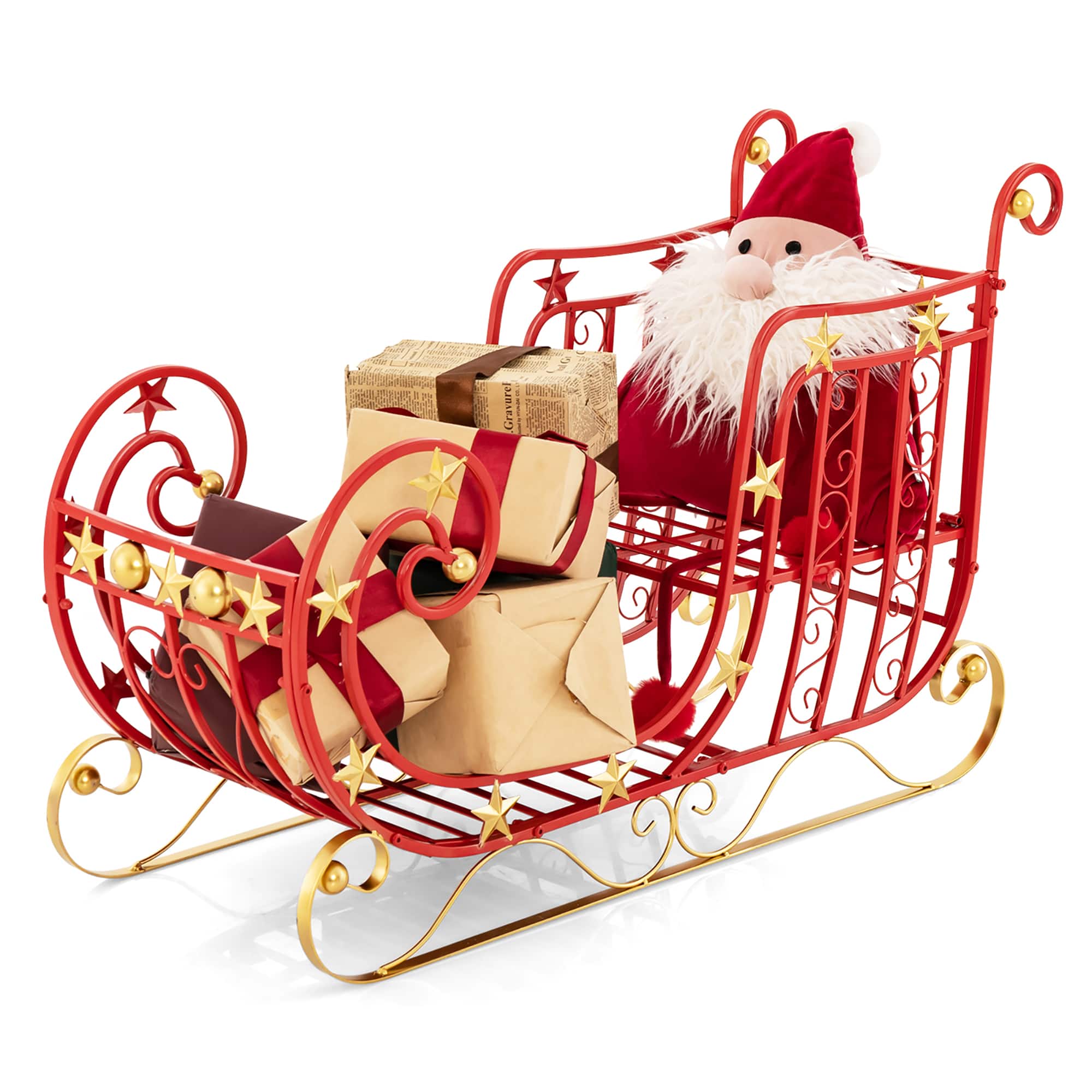 Gymax - Christmas Metal Sleigh Large Red Santa Sleigh Decoration w/ Big Loading Area for Gifts - Red, Golden