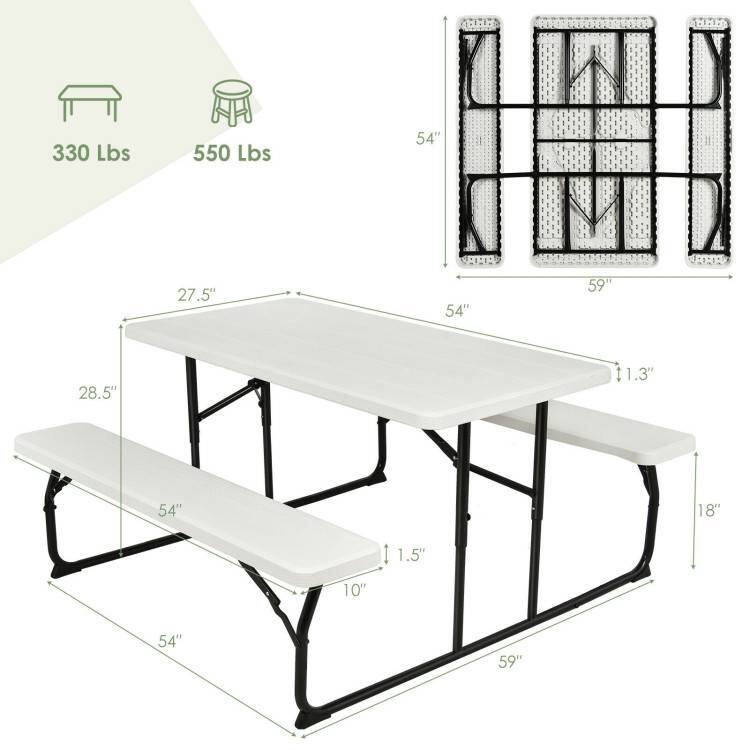 - Table: 330 Lbs
- Stool: 550 Lbs

Dimensions:
- Tabletop: 54" x 27.5"
- Bench: 54" x 28.5"
- Overall Length: 59"
- Overall Width: 54"
- Height from Ground to Tabletop: 28.5"
- Height from Ground to Bench: 18"
- Height from Bench to Tabletop: 10"
- Height from Ground to Bottom of Legs: 1.3"
- Height from Ground to Bottom of Stool: 1.5"