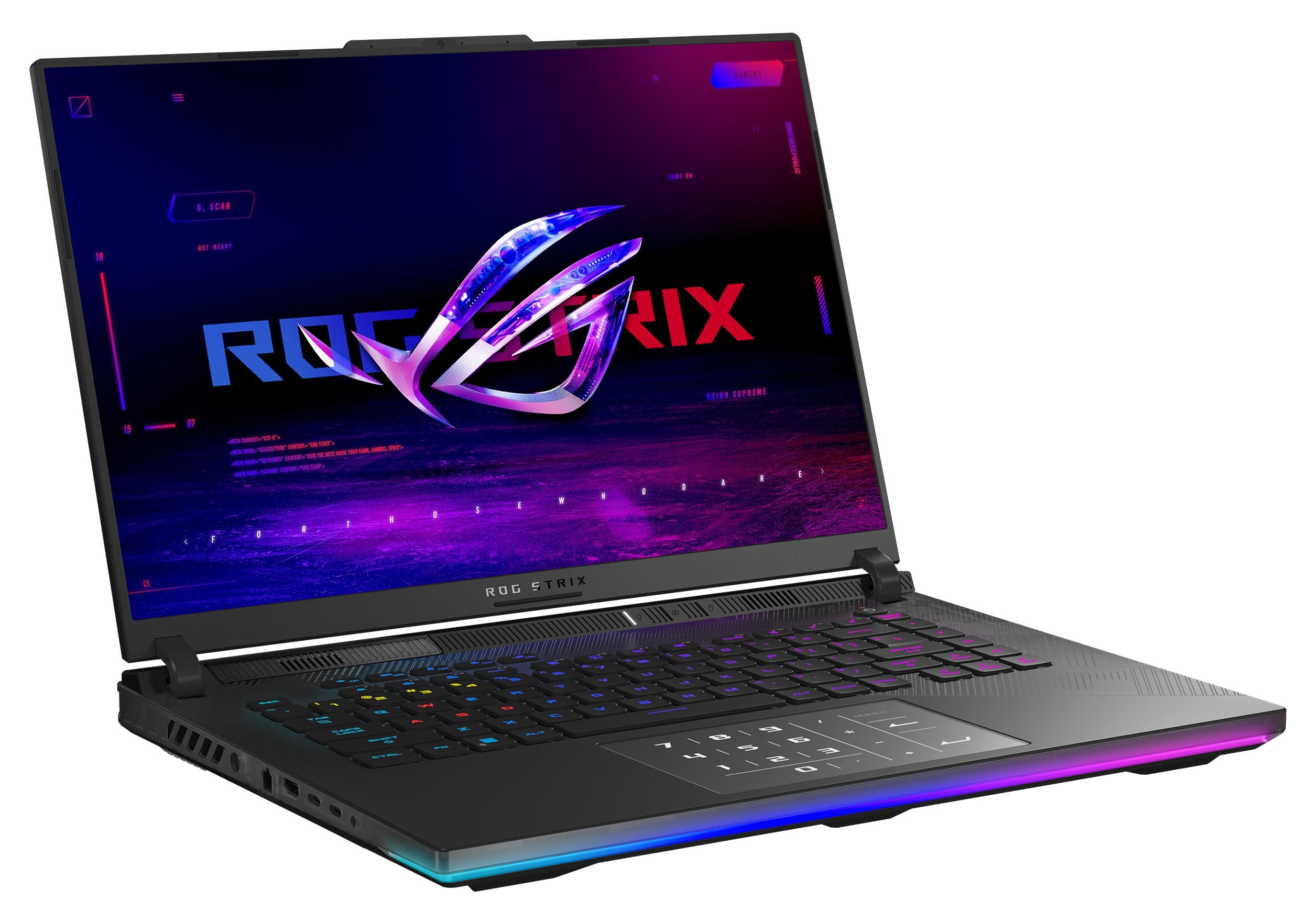 The image features a laptop with a purple and pink background, showcasing the ROG Strix brand. The laptop has a colorful keyboard, which adds to its vibrant appearance. The screen displays a purple and pink background, further emphasizing the laptop's unique design.