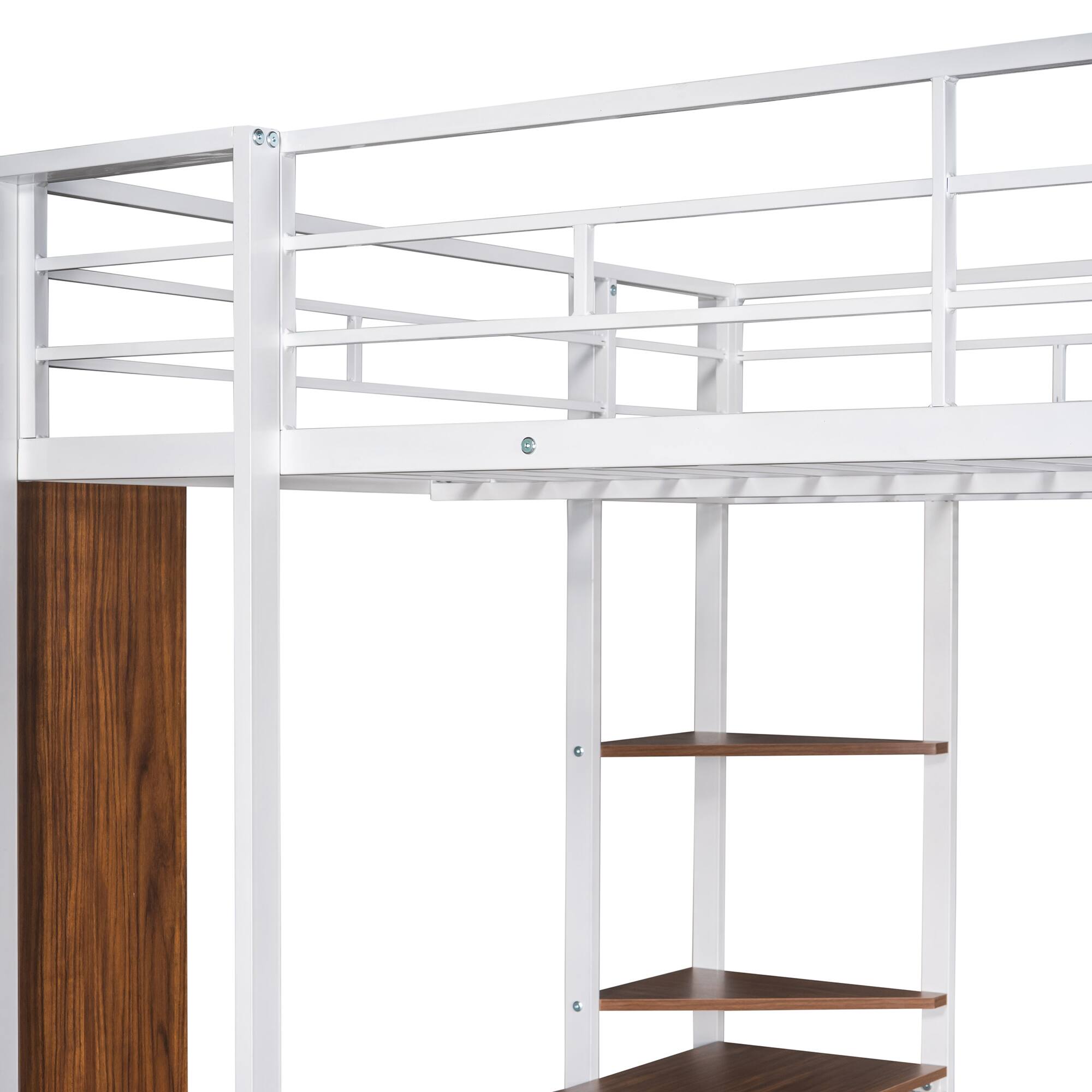 Back. Spaco - Spaco Full Size Loft Bed, Metal Frame with Desk and 2 Shelves, Sturdy Construction, Under Bed Storage Area, Guardrail - White.