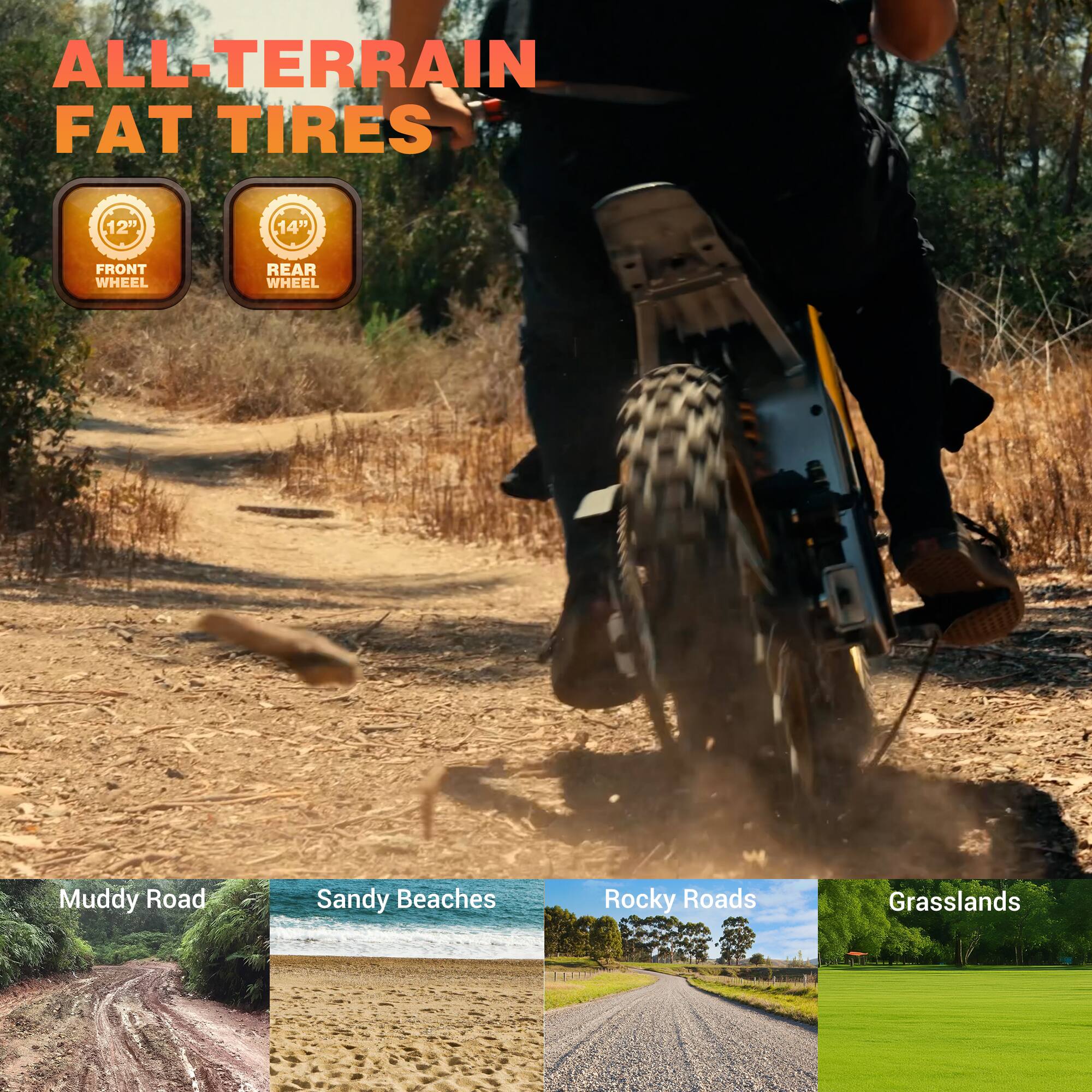 ALL-TERRAIN FAT TIRES  
12" FRONT WHEEL  
14" REAR WHEEL  

Muddy Road  
Sandy Beaches  
Rocky Roads  
Grasslands