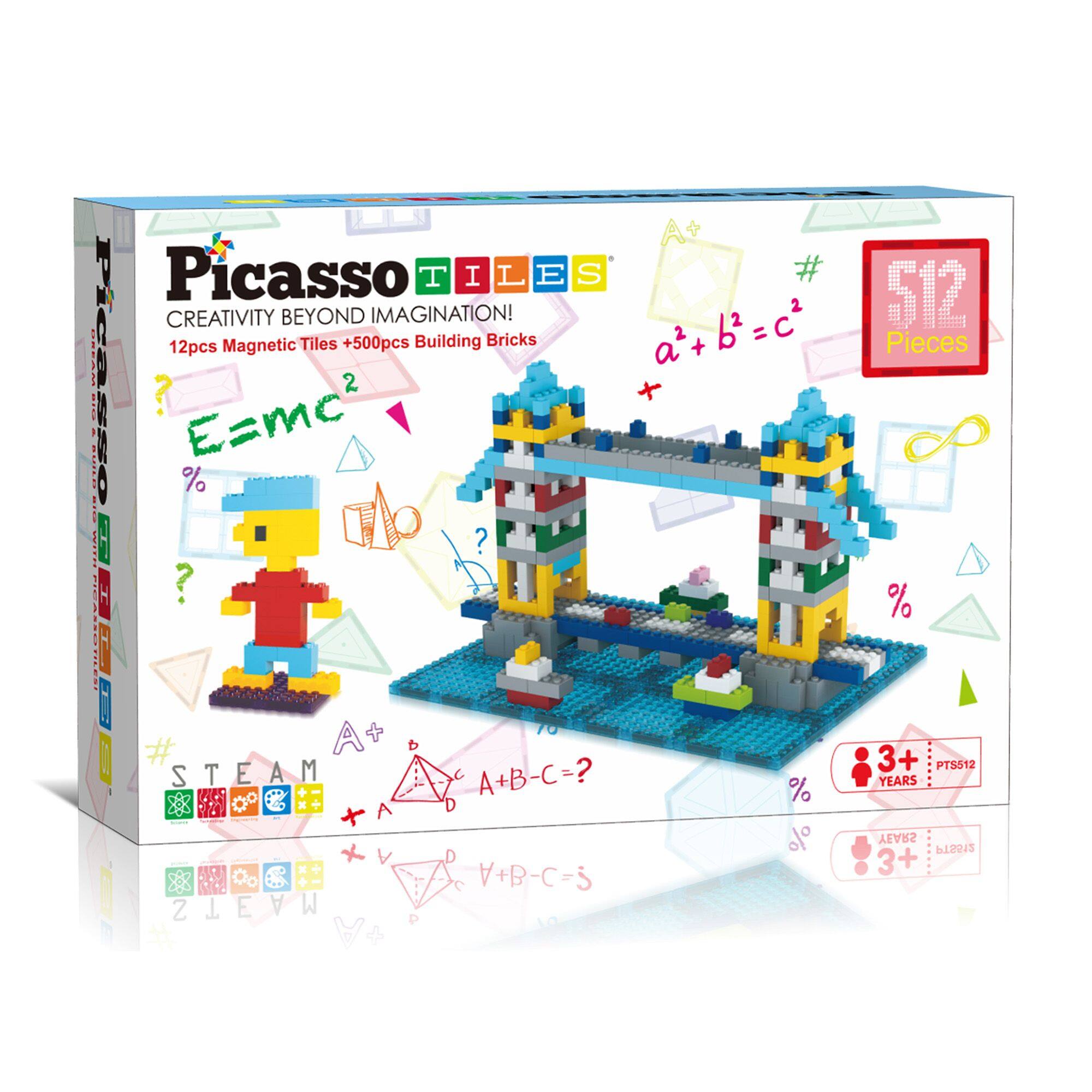 Picasso TILE I L E S # CREATIVITY BEYOND IMAGINATION! 512 | Picasso 12pcs Magnetic Tiles +500pcs Building Bricks a+b=c2 = Pieces 2 + I.- E=mc | % ? N H ? % w................o i A + 1O # 3+ PT5512 STEAM S T E A M A+B-C-? YEARS % % YEARS b243 3+ V+B-C-S STEAM 2 T E