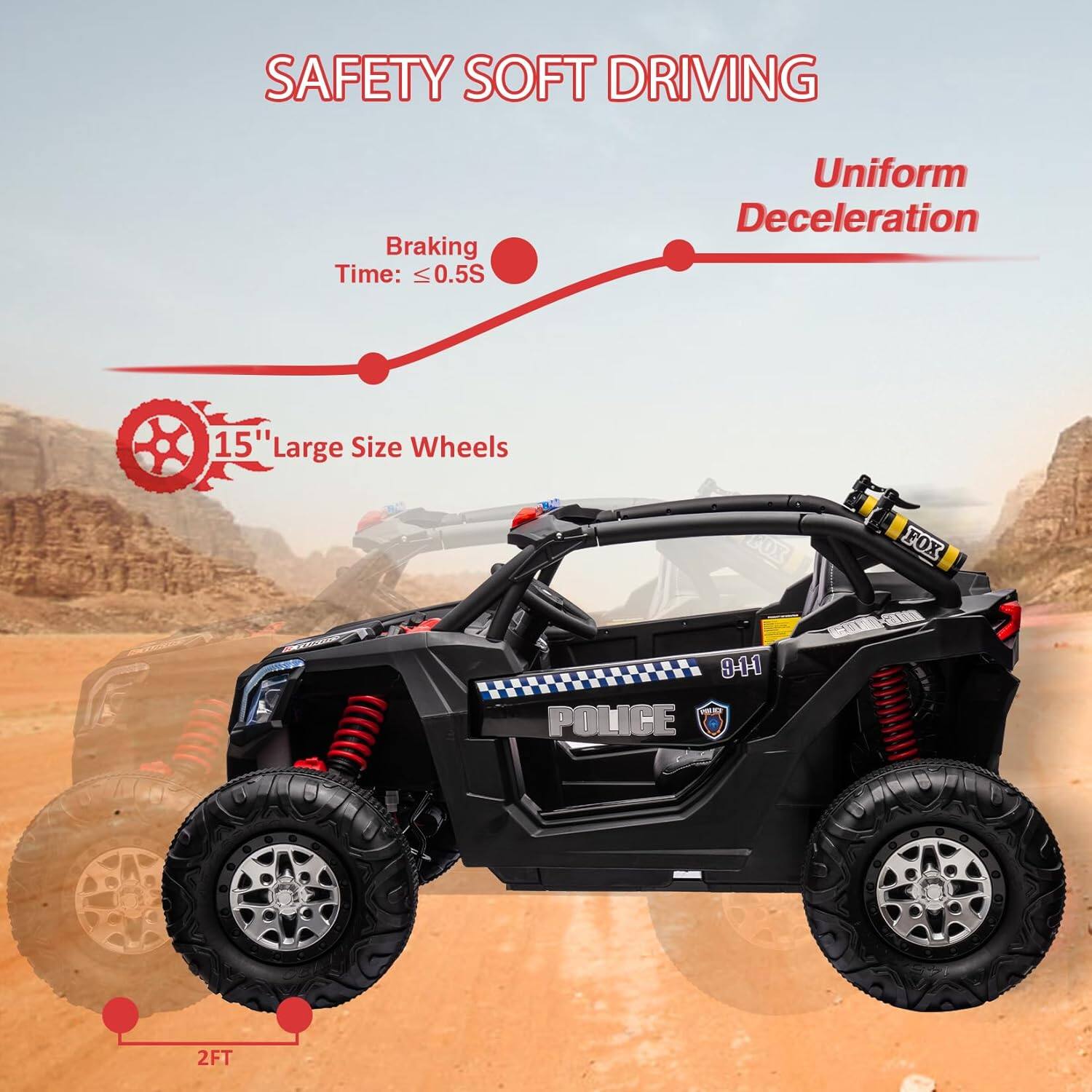 SAFETY SOFT DRIVING  
Braking Time: ≤0.5S  
Uniform Deceleration  
15" Large Size Wheels  
2FT