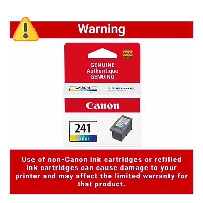 Warning

GENUINE Authentique GENUINO

241

Canon

241 Color

Use of non-Canon ink cartridges or refilled ink cartridges can cause damage to your printer and may affect the limited warranty for that product.