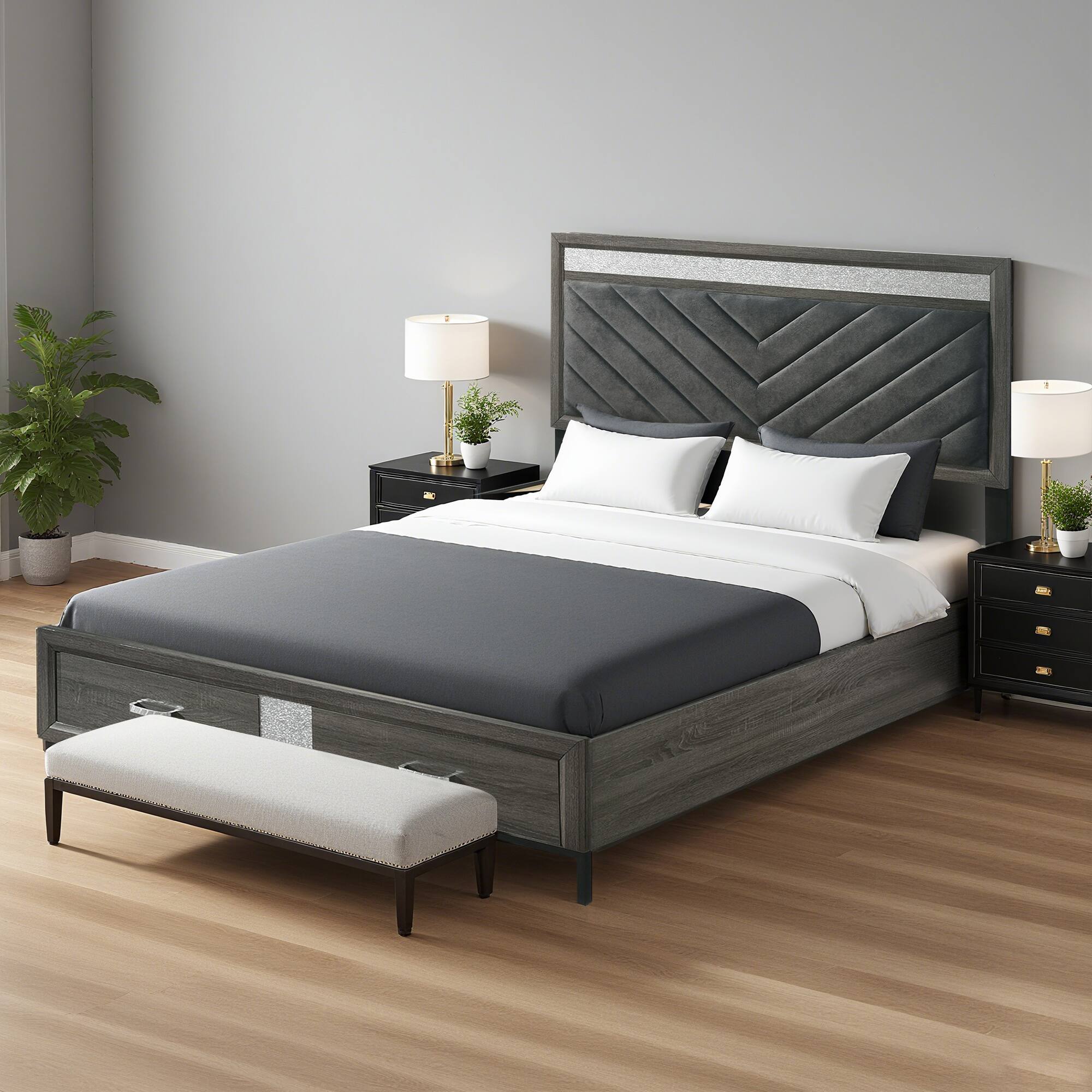 Angle. Vaczon - Storage Bed with Hidden Footboard Drawers, Padded Headboard & Crystal Handles for Organized, Cozy Bedrooms - Gray.