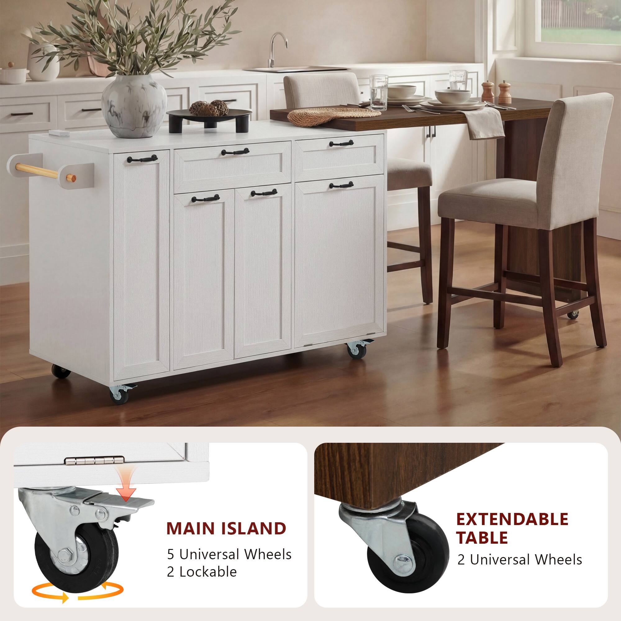 MAIN ISLAND  
5 Universal Wheels  
2 Lockable  

EXTENDABLE TABLE  
2 Universal Wheels