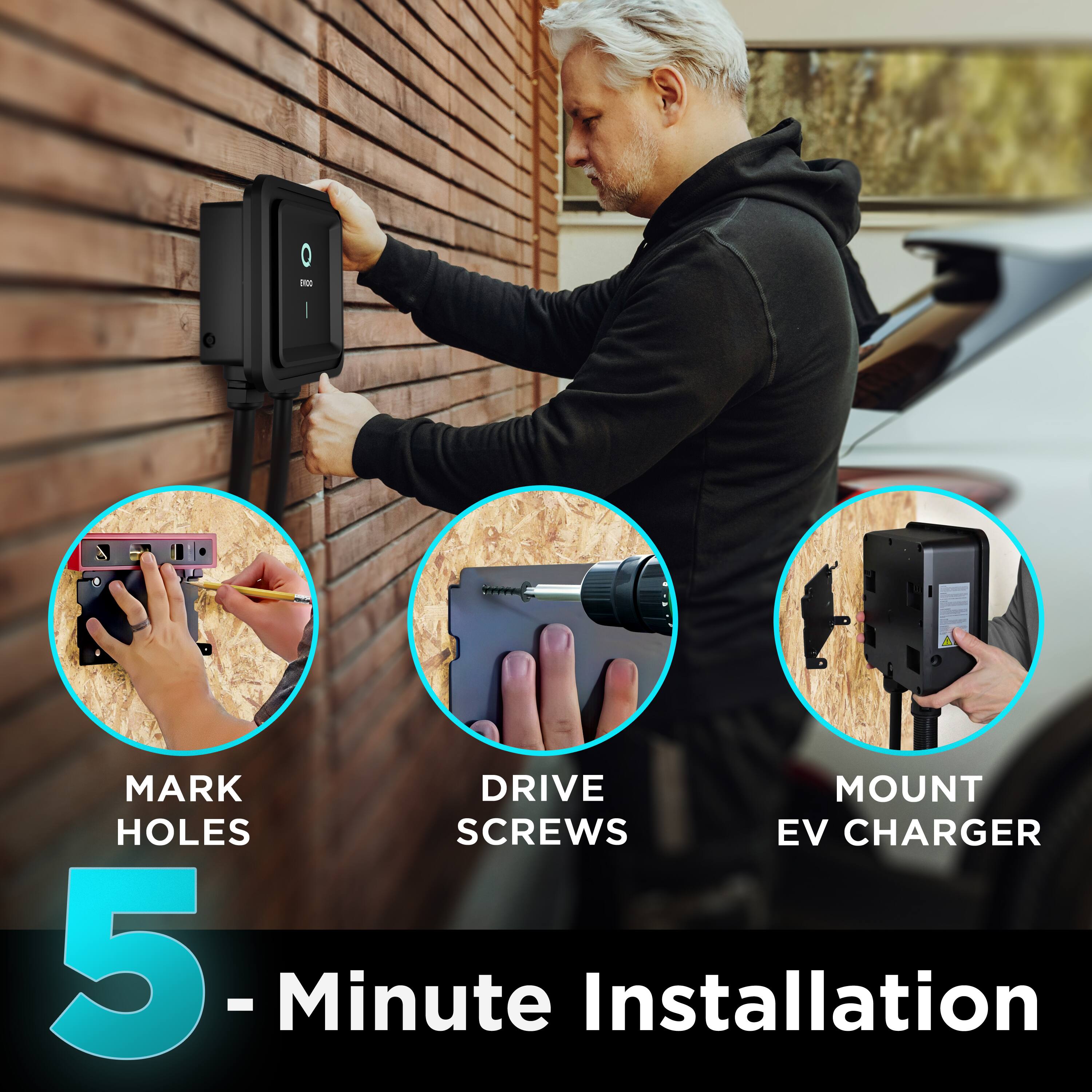 5-Minute Installation

MARK HOLES  
DRIVE SCREWS  
MOUNT EV CHARGER