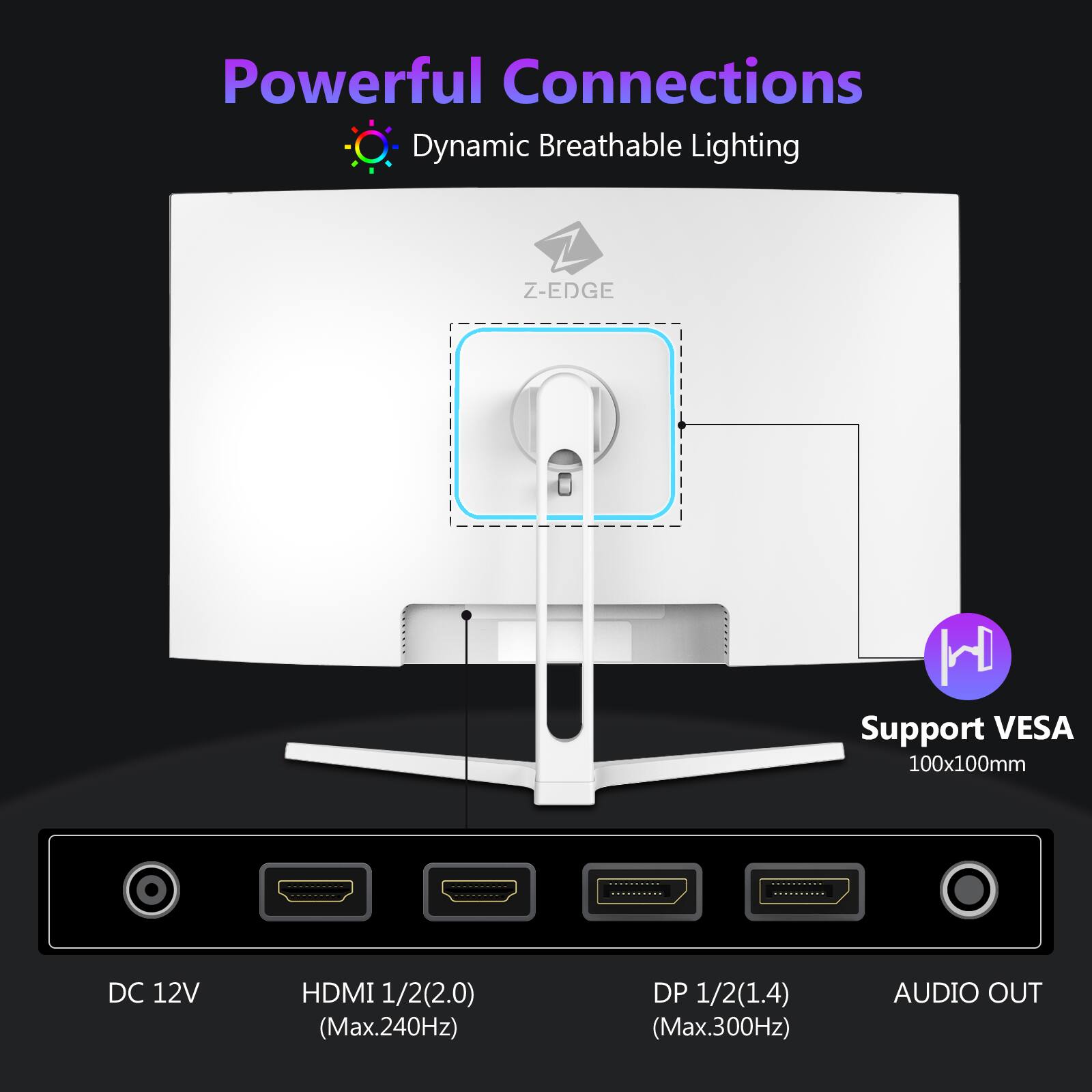 Powerful Connections, Dynamic Breathable Lighting, Z-EDGE, Support VESA 100x100mm, DC 12V, HDMI 1/2(2.0) (Max.240Hz), DP 1/2(1.4) (Max.300Hz), AUDIO OUT