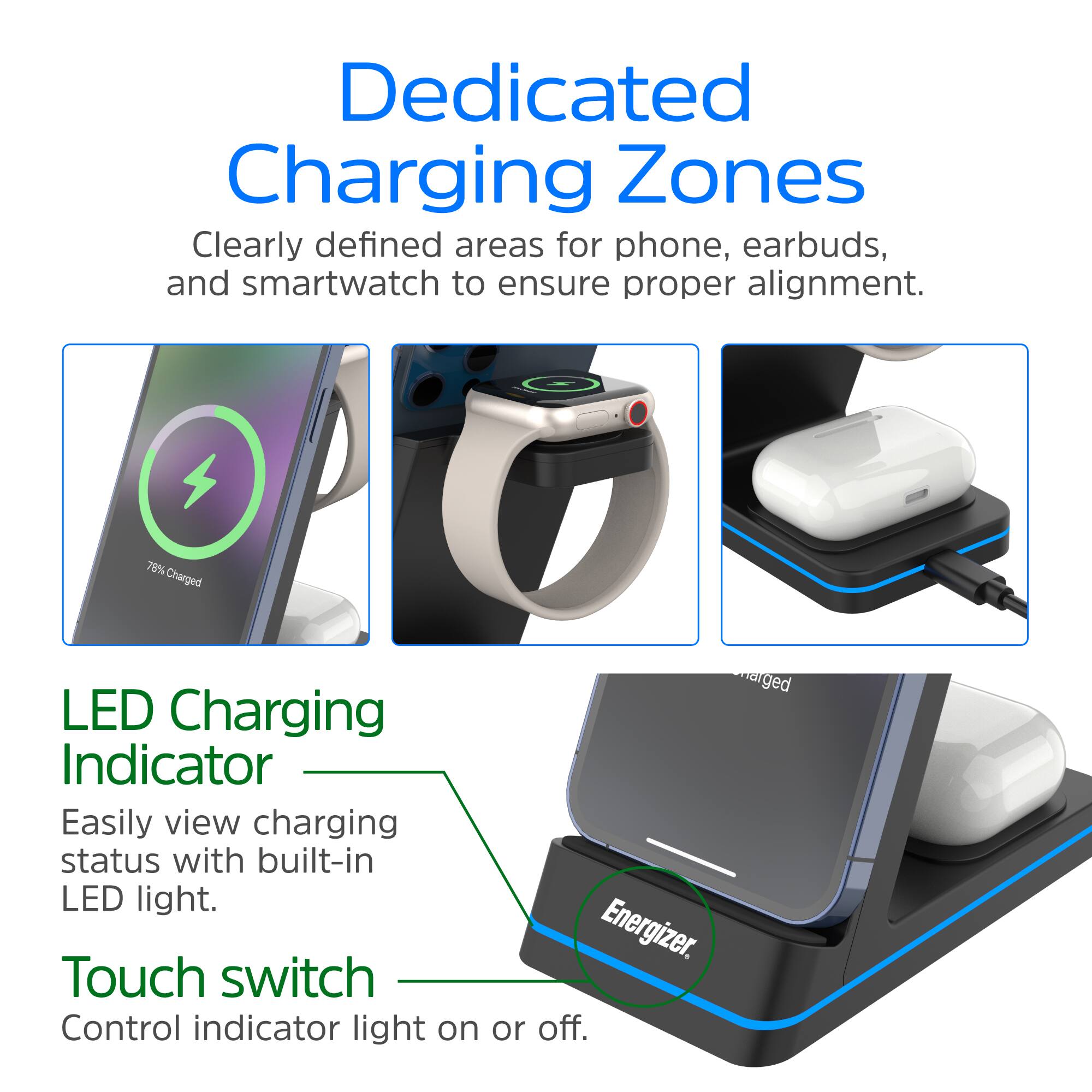 Dedicated Charging Zones  
Clearly defined areas for phone, earbuds, and smartwatch to ensure proper alignment.

LED Charging Indicator  
Easily view charging status with built-in LED light.

Touch switch  
Control indicator light on or off.