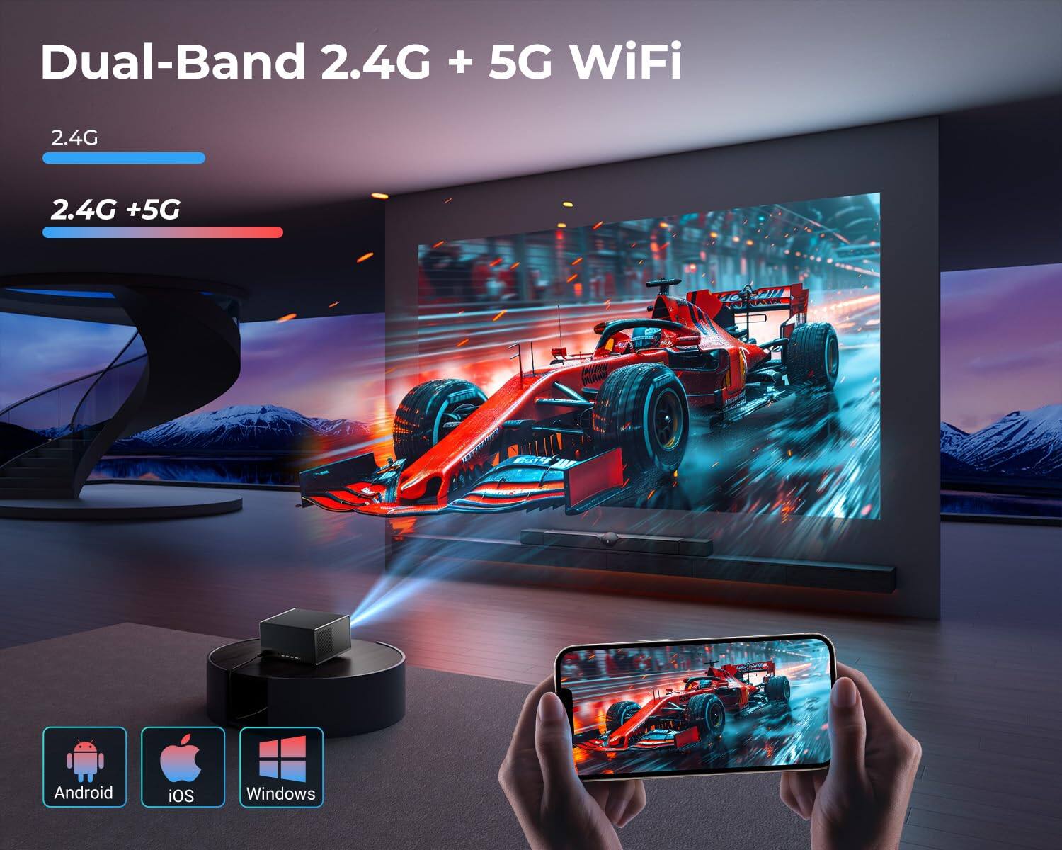 Dual-Band 2.4G + 5G WiFi

2.4G

2.4G + 5G

Android

iOS

Windows