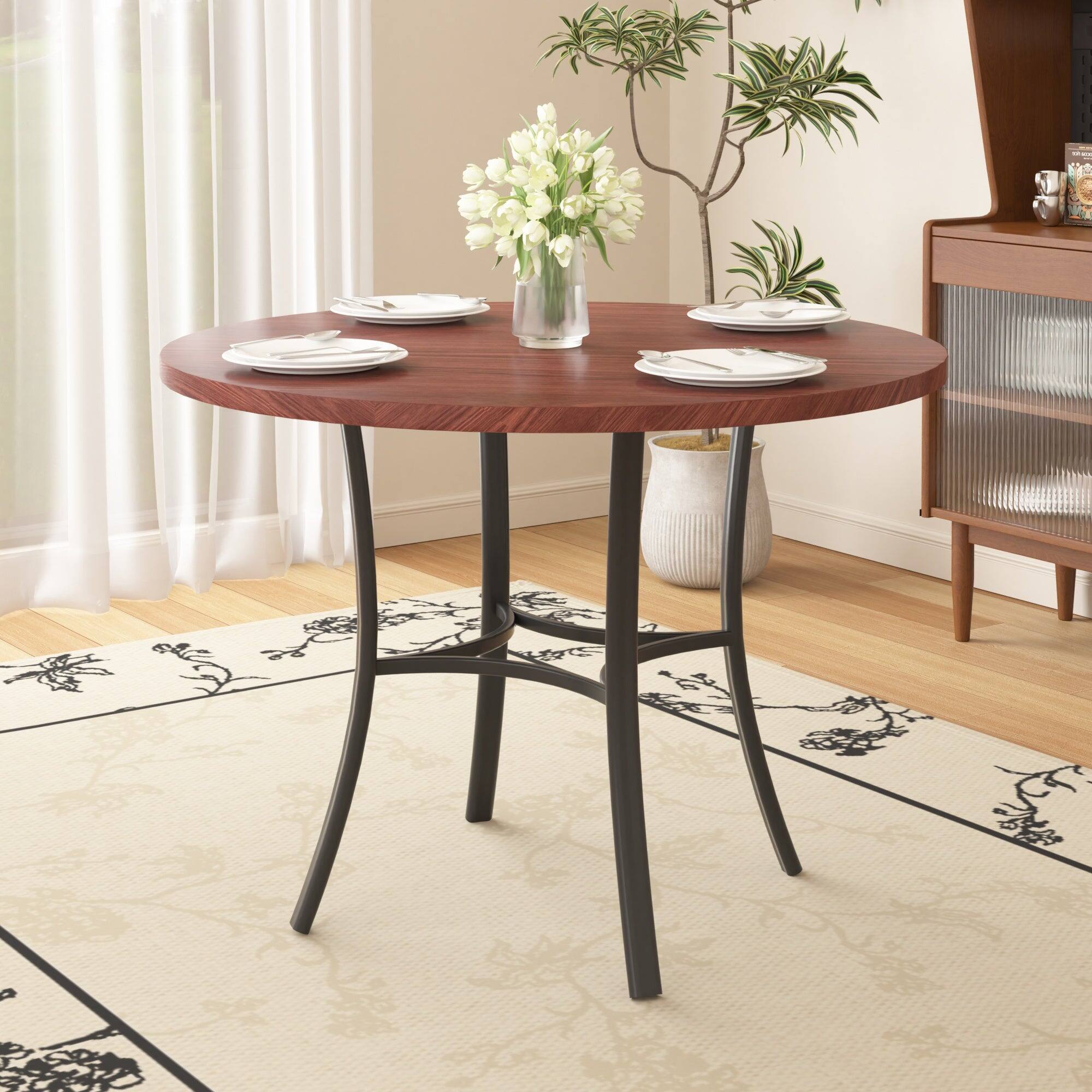 Front. Vecelo - 5-Piece Dining Table Set for 4, Heavy metal frame and Chairs with Upholstered Seats, Space-Saving Design - Brown Table.