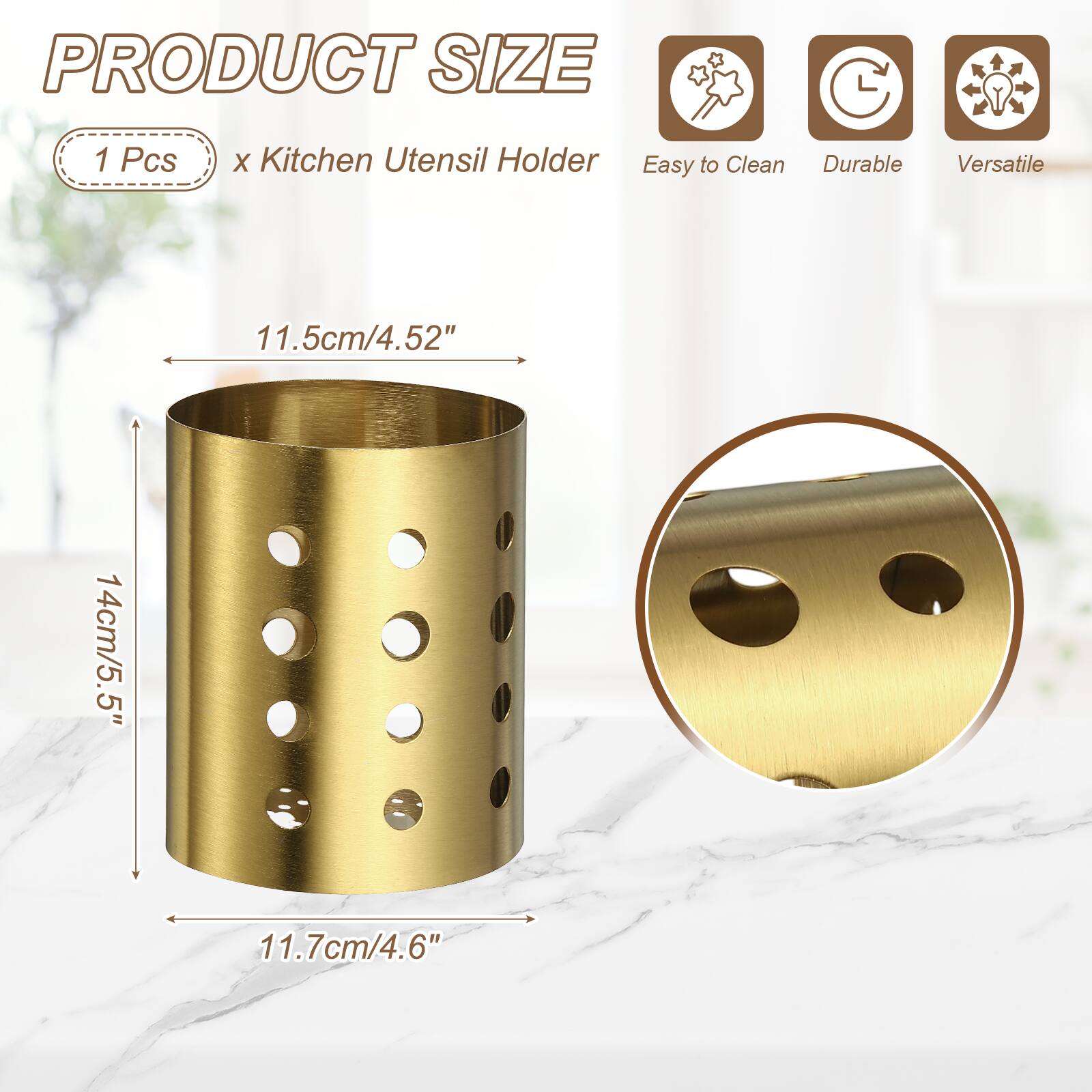 PRODUCT SIZE: 1 Pcs x Kitchen Utensil Holder  
Easy to Clean, Durable, Versatile  
11.5cm/4.52" x 14cm/5.5" x 11.7cm/4.6"