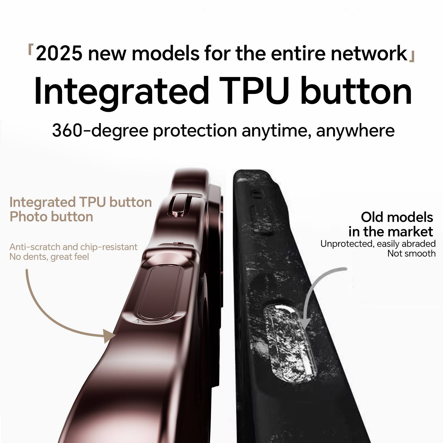 "2025 new models for the entire network"  
Integrated TPU button  
360-degree protection anytime, anywhere  

Integrated TPU button  
Photo button  
Anti-scratch and chip-resistant  
No dents, great feel  

Old models in the market  
Unprotected, easily abraded  
Not smooth