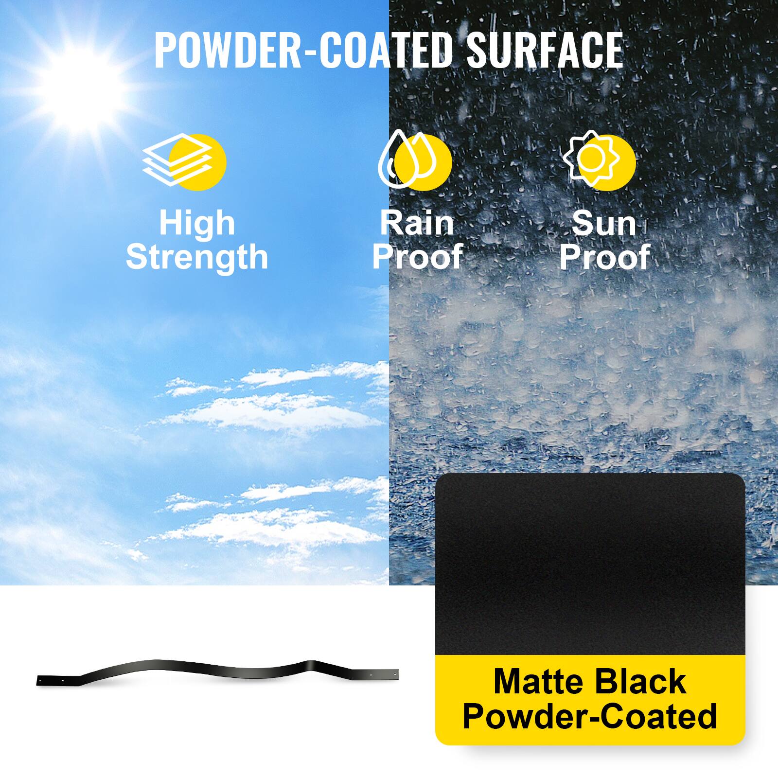The corrected text from the image is:

"POWDER-COATED SURFACE
High Strength
Rain Proof
Sun Proof
Matte Black Powder-Coated"