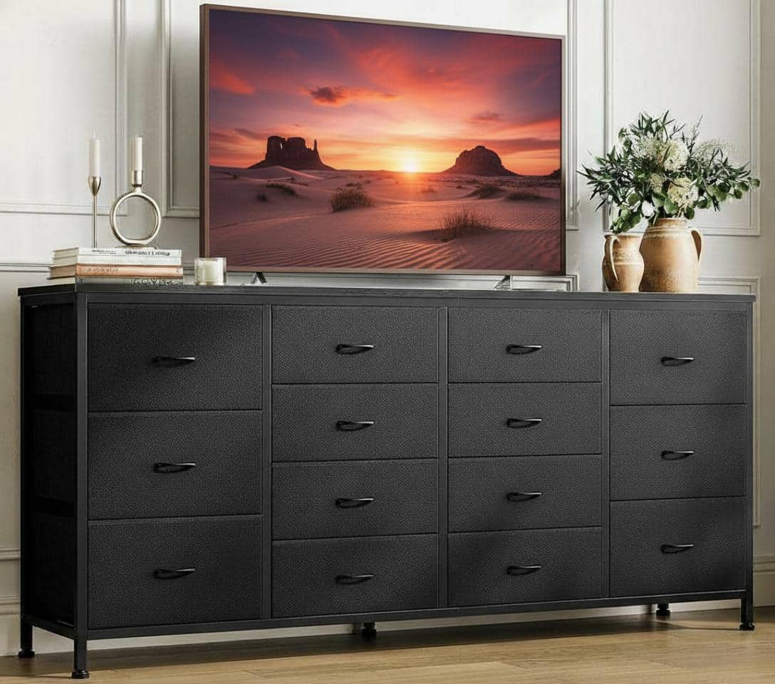 TROPOW - 14 Drawer Dresser & TV Stand, with Power Outlet for 65 70 75 Inch TV, Long Entertainment Center for Home Room Decor - Black
