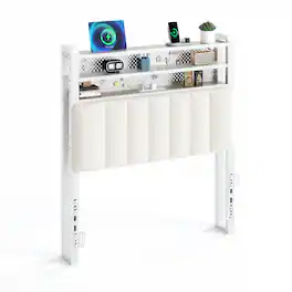 Winado - Twin Size Adjustable Upholstered Headboard Only with 3 Tier Shelves and Pegboard with Charging Stations and LED Lights - Linen & White