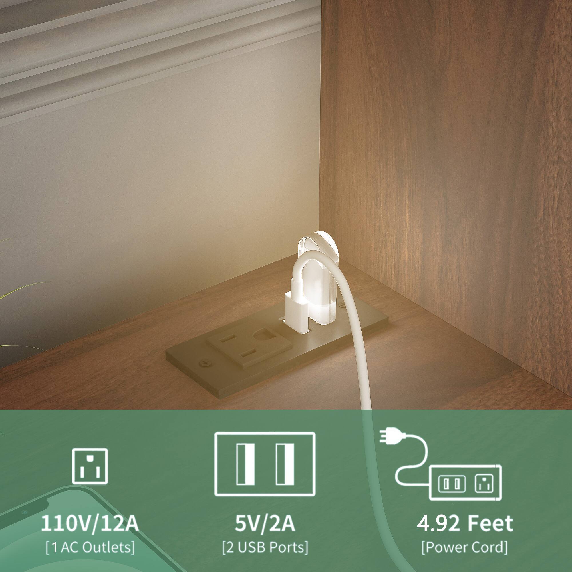 110V/12A [1 AC Outlets] 5V/2A [2 USB Ports] 4.92 Feet [Power Cord]