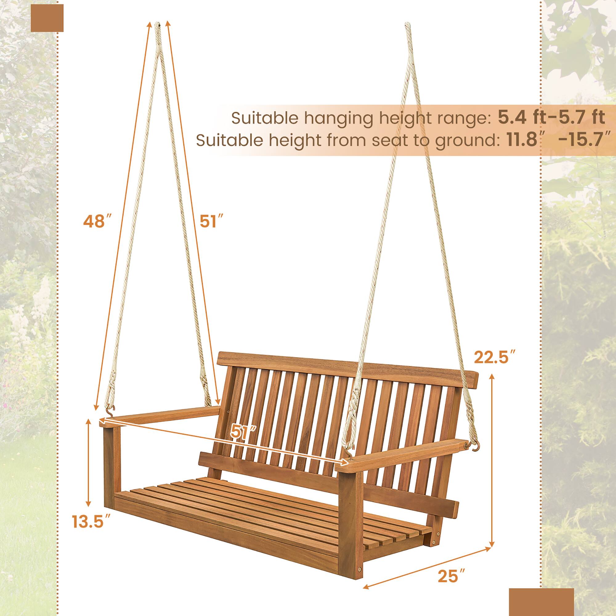 Alt View 2. Gymax - Gymax 2-Person Acacia Wood Outdoor Porch Swing Patio Hanging Bench Chair Natural - Natural.