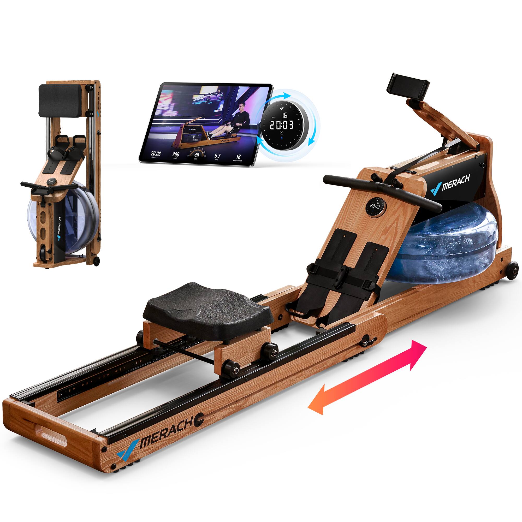 MERACH - 950 Foldable Water Rowing Machine with Dual Water & Magnetic Resistance, Dedicated Monitor & Comfortable Seat - Oak