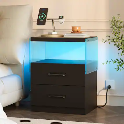 Front. Chateau Abodes - Modern Nightstand with Charging Station, 2-Drawer Bedside Table with LED Lights & USB Ports, Sturdy Wood - Black.