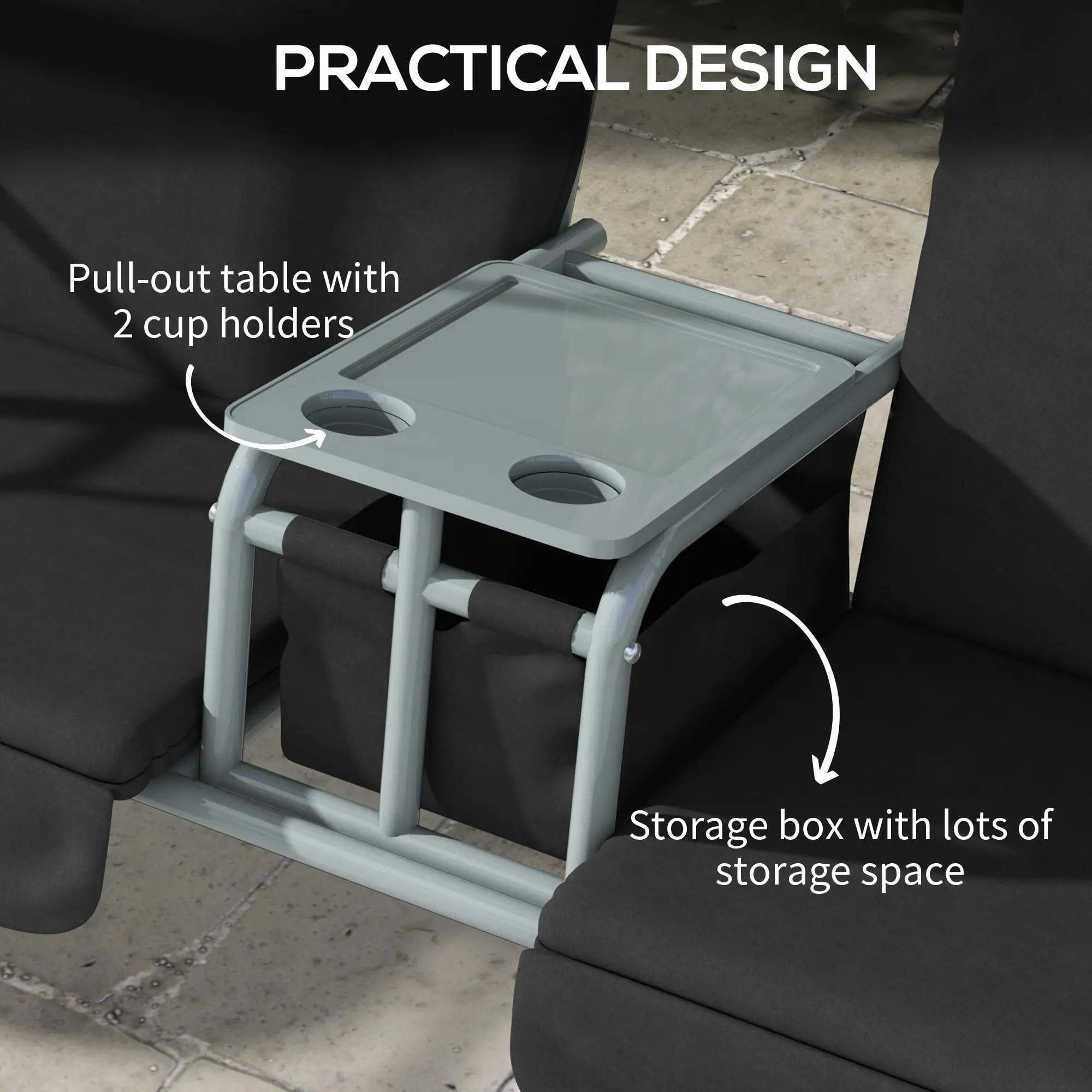 PRACTICAL DESIGN

- Pull-out table with 2 cup holders
- Storage box with lots of storage space