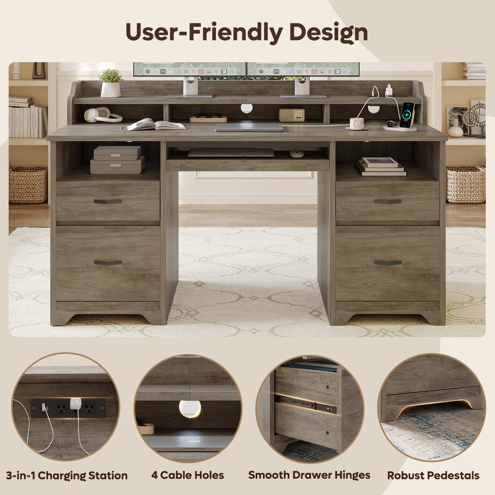 User-Friendly Design

- 3-in-1 Charging Station
- 4 Cable Holes
- Smooth Drawer Hinges
- Robust Pedestals