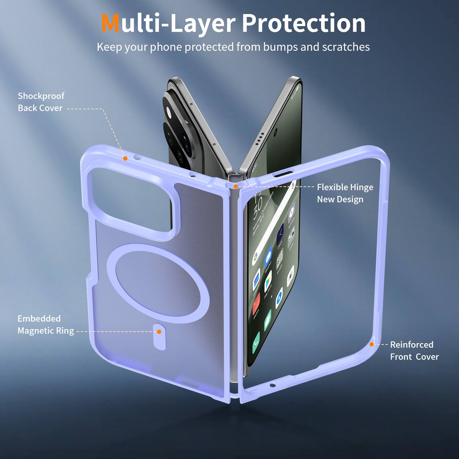 Multi-Layer Protection  
Keep your phone protected from bumps and scratches

- Shockproof Back Cover
- Flexible Hinge New Design
- Embedded Magnetic Ring
- Reinforced Front Cover