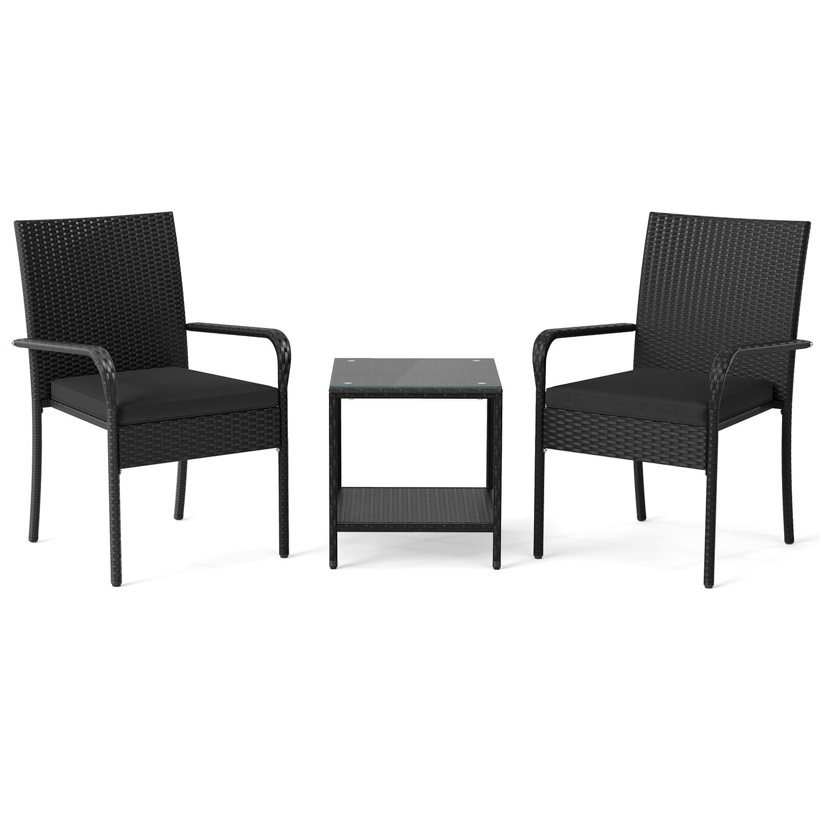 Alt View 9. Costway - Costway 3 PCS Patio Furniture Set with 2-Tier Table Tempered Glass Tabletop & Soft Cushions - Black.