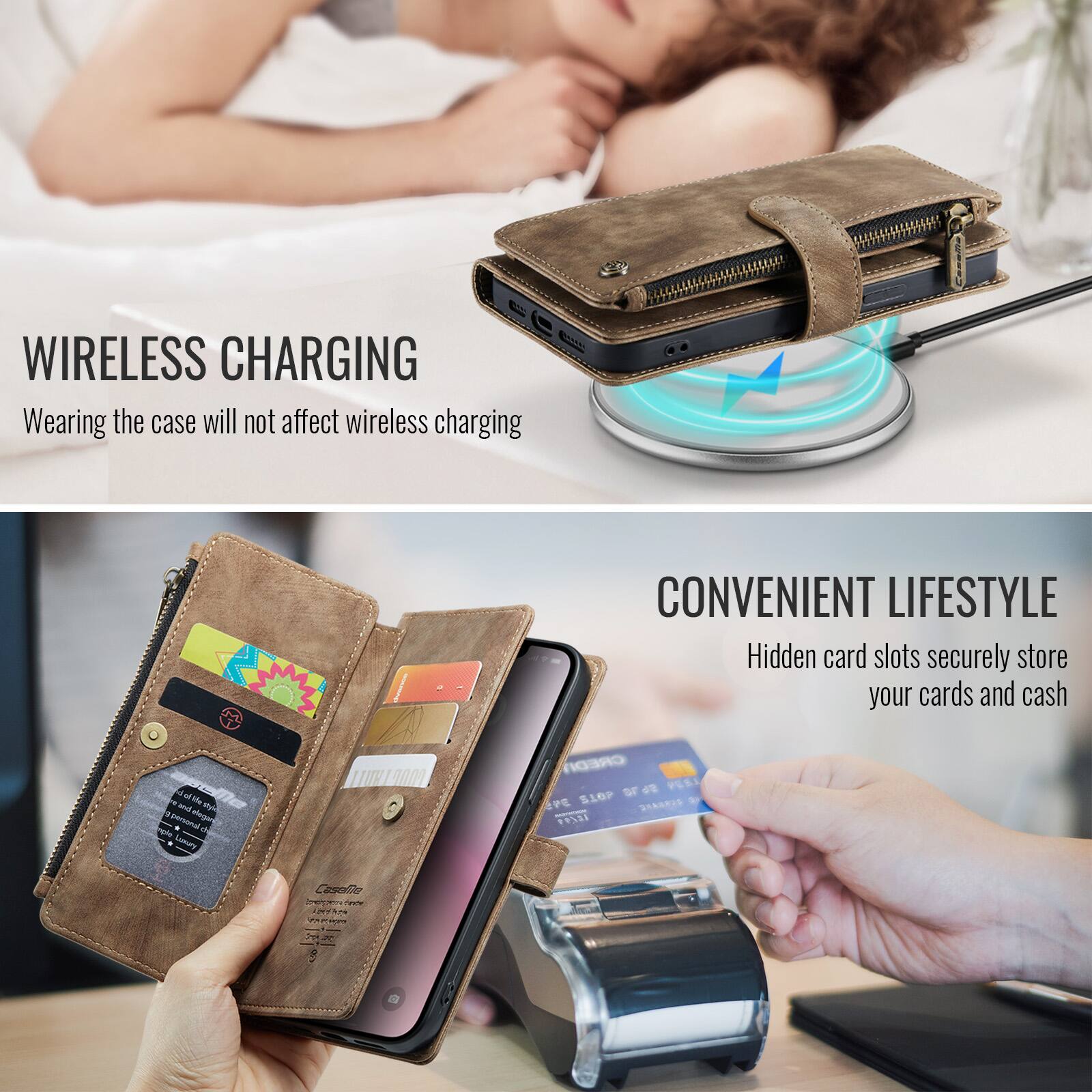 WIRELESS CHARGING  
Wearing the case will not affect wireless charging

CONVENIENT LIFESTYLE  
Hidden card slots securely store your cards and cash

2014 personal ple 6 Lundy  
CREDIT S10P 678 345 2480325  
Caselle