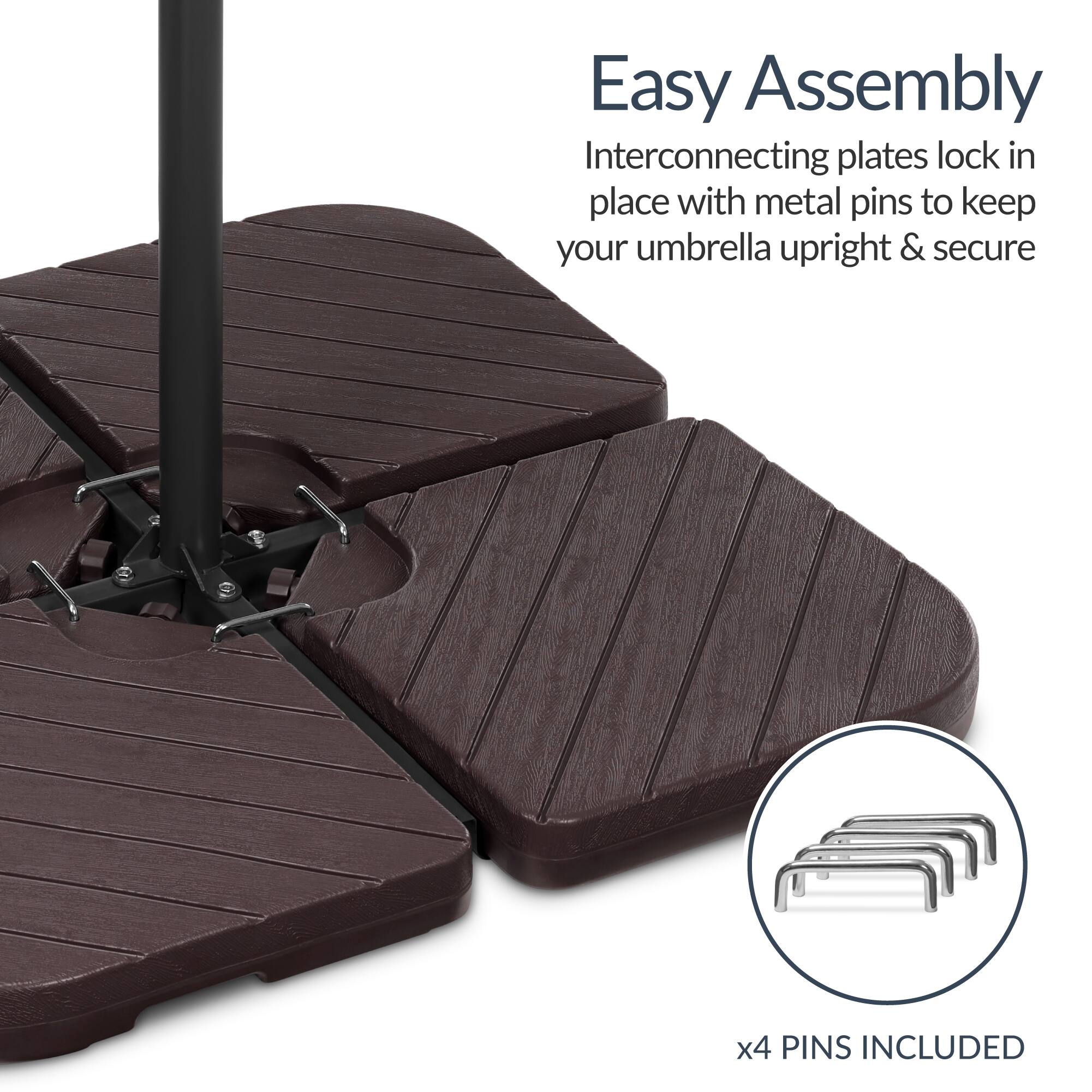 Easy Assembly  
Interconnecting plates lock in place with metal pins to keep your umbrella upright & secure  
x4 PINS INCLUDED