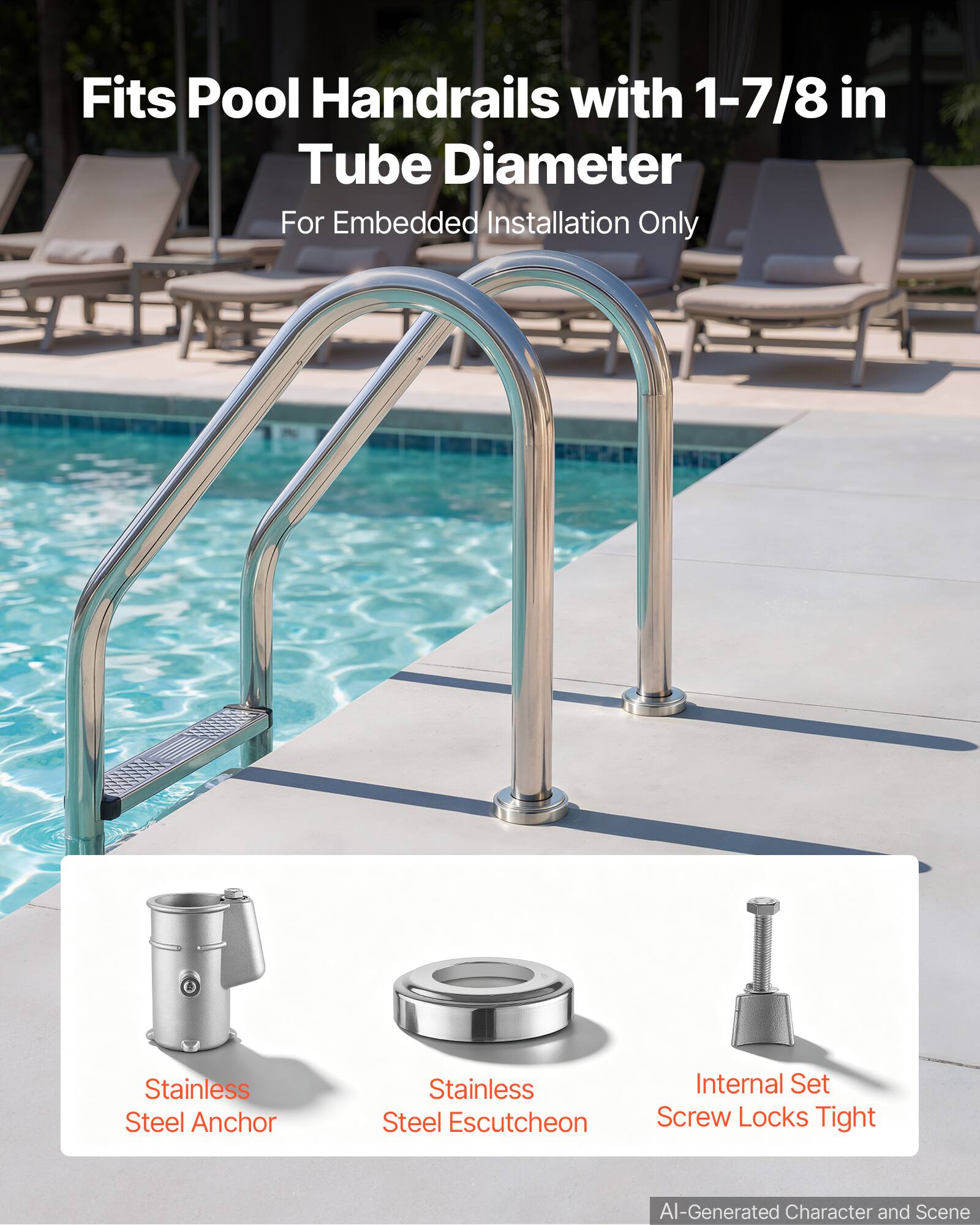 Fits Pool Handrails with 1-7/8 in Tube Diameter  
For Embedded Installation Only  

Stainless Steel Anchor  
Stainless Steel Escutcheon  
Internal Set Screw Locks Tight  

AI-Generated Character and Scene