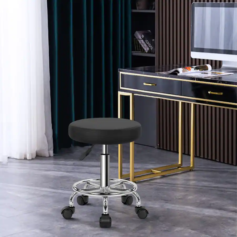 Rolling Computer Stool KKTONER PU Leather Round Rolling Stool with Foot Rest Swivel Height ...