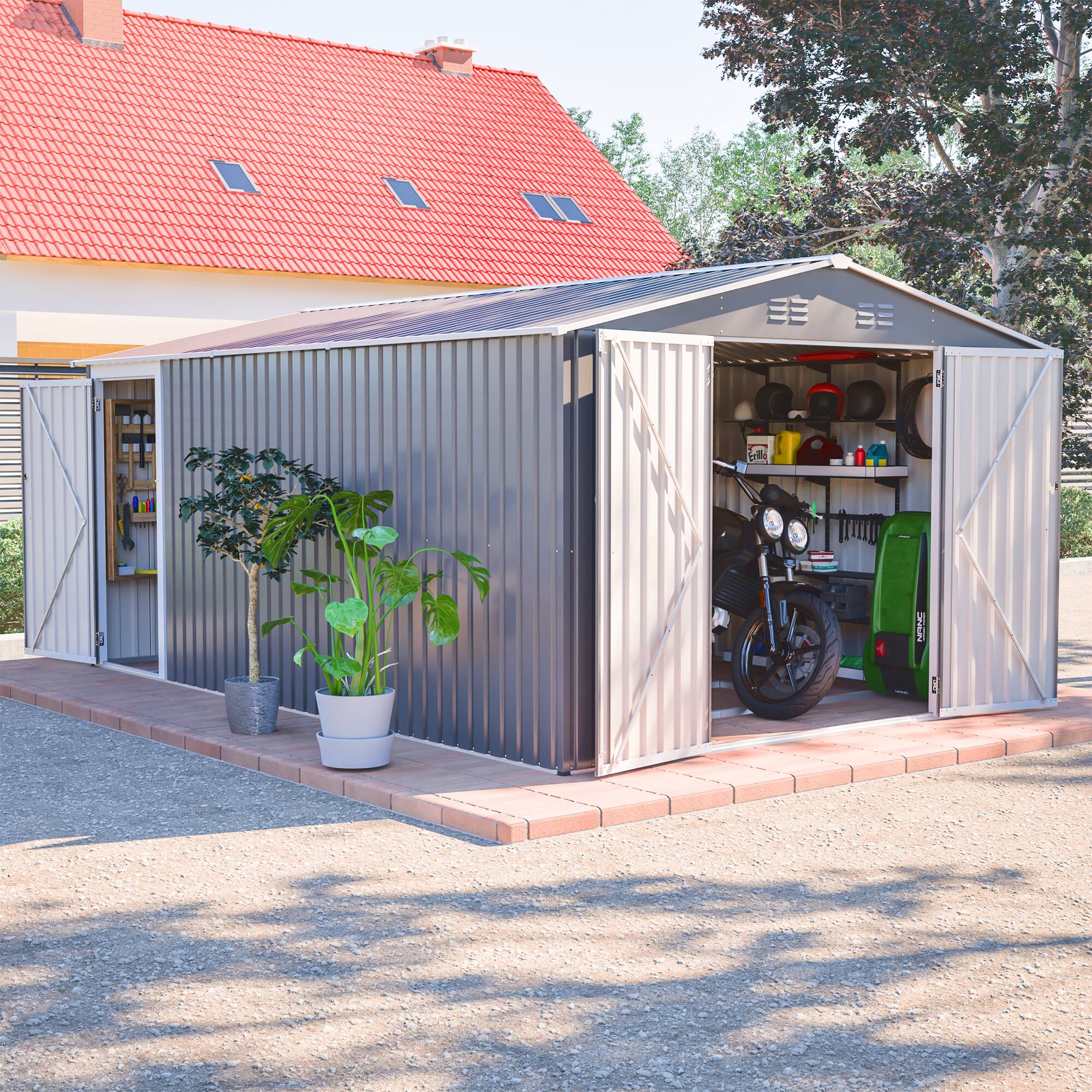 Left. Mondawe - 10x14 FT Outdoor Metal Storage Shed with 3 Lockable Doors & Side Door - Gray.