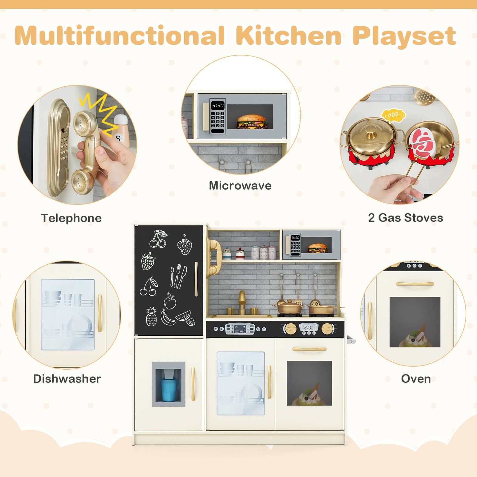 Multifunctional Kitchen Playset

- Telephone
- Microwave
- 2 Gas Stoves
- Dishwasher
- Oven